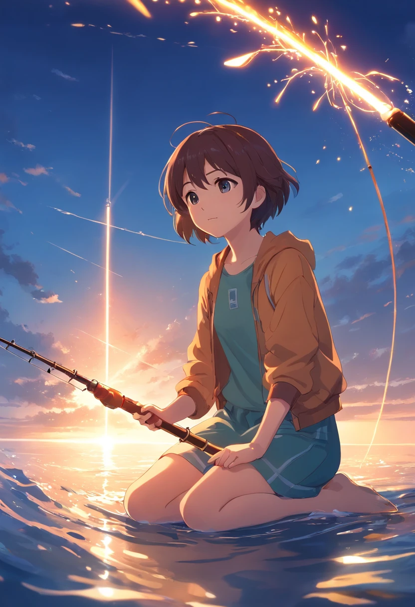 tmasterpiece,best qualtiy,cinematic Film still from,Libido boy,ember,云,closeup cleavage,brightened,cheerfulness,Warm and soft lighting,Evening glow,fishing rod,Lake surface,AngelT(spark of light:0.7),angling