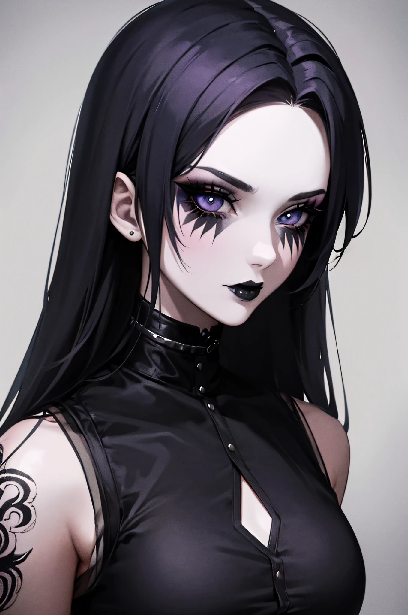 1girl, Gothic Punk Rock Makeup Style Girl com um rosto tatuado usando batom preto Olhos negros