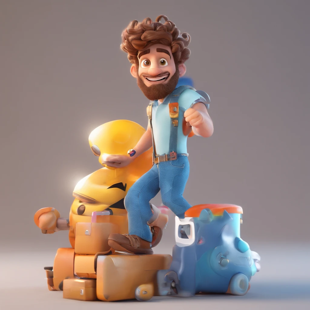 Criar um personagem no estilo Pixar. Trata-se de um homem de 28 anos, com barba, sorridente Moreno, com cabelos pretos curtos, e olhos castanhos claro. He's wearing a shiny silver cord, Trabalhar como designer
