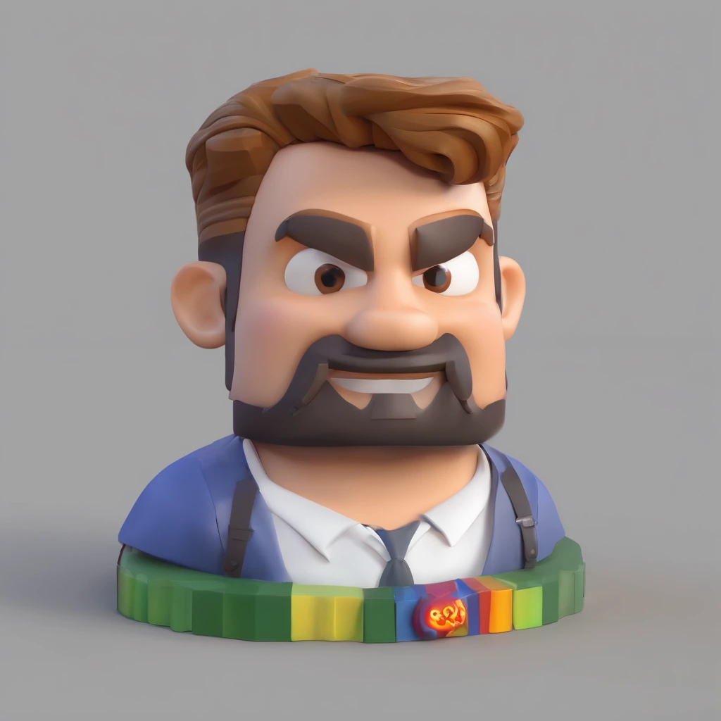 Criar um personagem no estilo Pixar. Trata-se de um homem de 28 anos, com barba, sorridente Moreno, com cabelos pretos curtos, e olhos castanhos claro. He's wearing a shiny silver cord, Trabalhar como designer