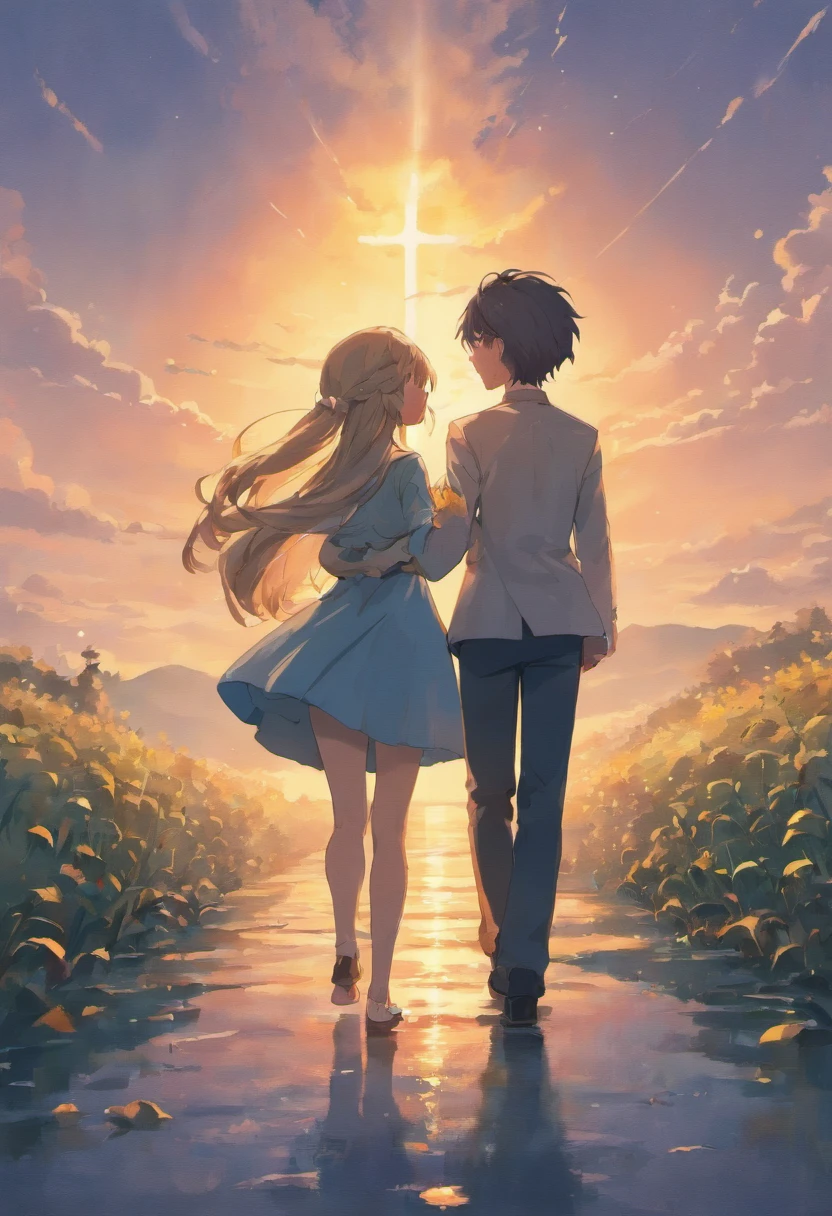 a very far angle of behind of romantic couple walking on a field with a sunset sky background, jasmine, mezzanine, official fanart, romance book cover style, by Ayami Kojima, mazarineee, album art, aquamarine, album cover!, the album is called tripmachine, detailed fanart, detailed photo of an album cover, anime cover, ayamin kojima
