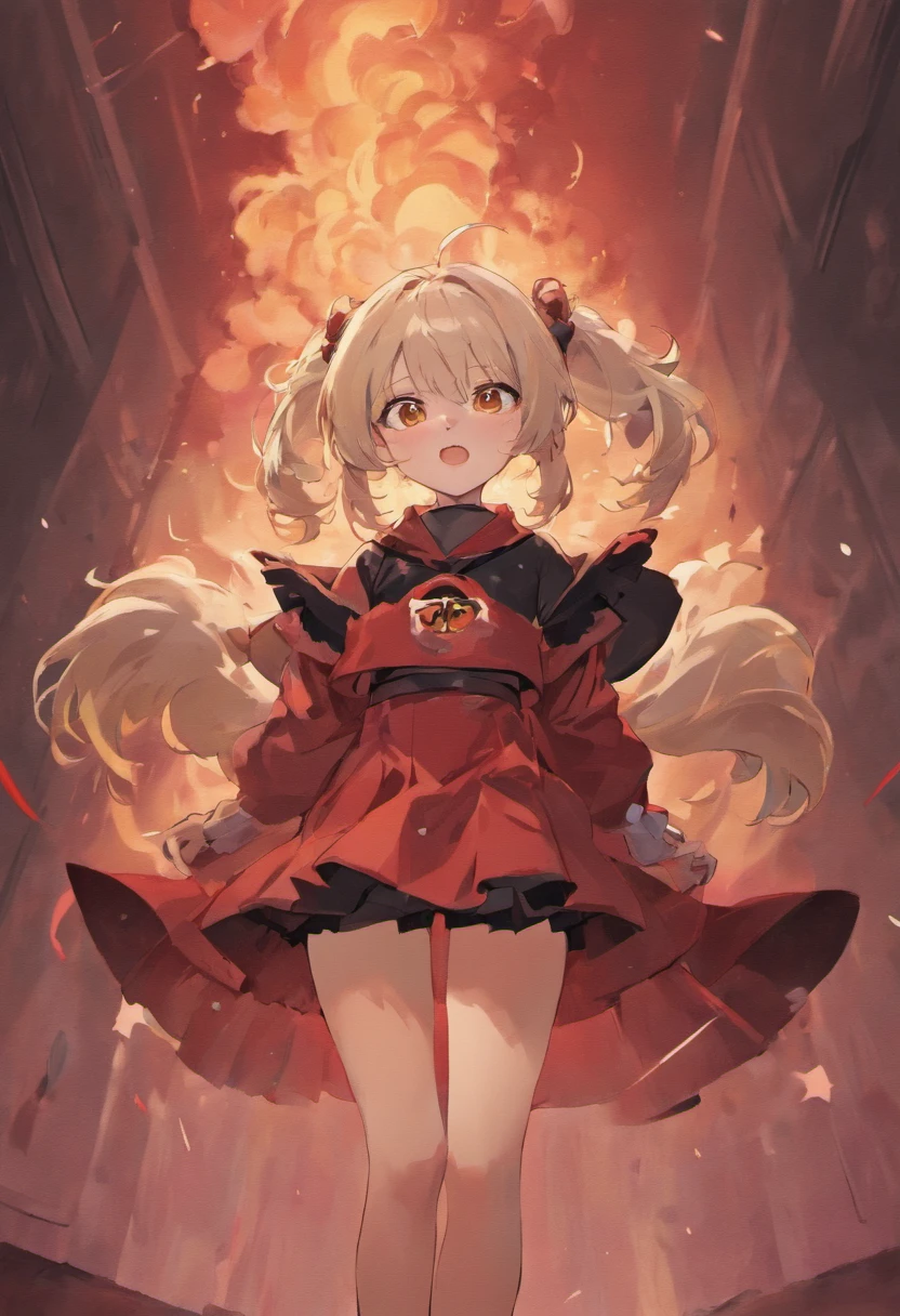 A silvery-white hair,Tie high ponytail,Girl with golden eyes,Wear a shirt and a short skirt,Half a mask,Stockings,Booties,White hooded cape,Wear a black reverse cross necklace,Each hand holds a dagger,Shy laugh,Standing against the background of red smoke and black smoke