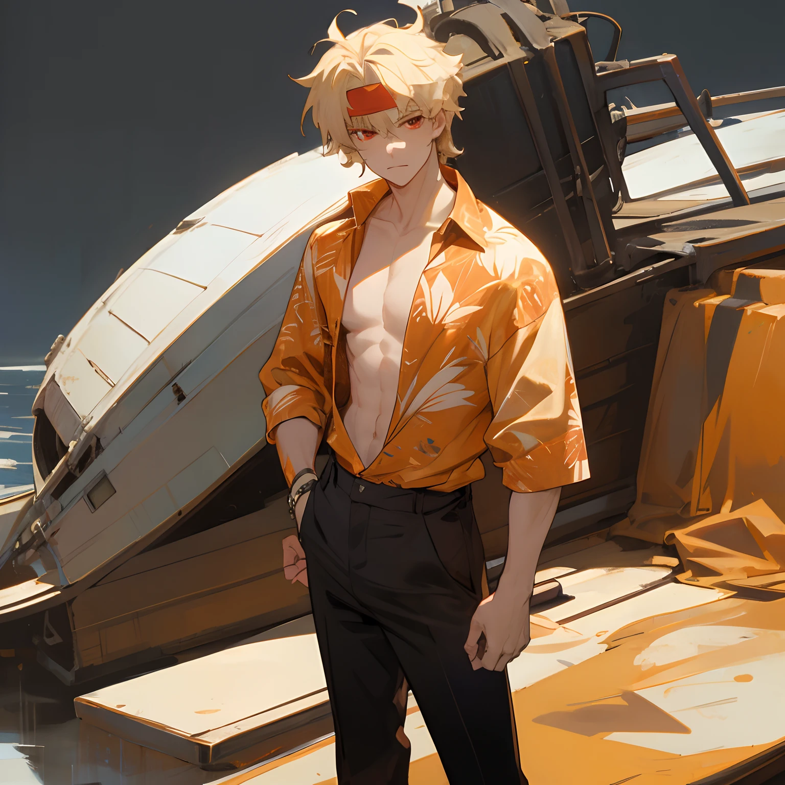 Blonde hair , red eyes , headband tied to the side , unbuttoned Hawaiian Shirt with a white shirt underneath , black pants , port background , golden earring , 1male , messy hair , detailed background , standing infront of boat