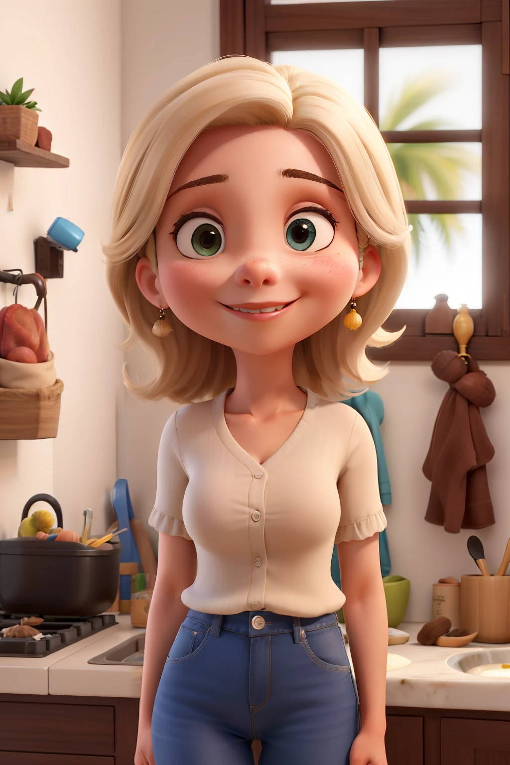 Obra-prima, de melhor qualidade, a mulher tem cabelos longos cacheados castanho claro, olhos castanho claro, rosto redondinho