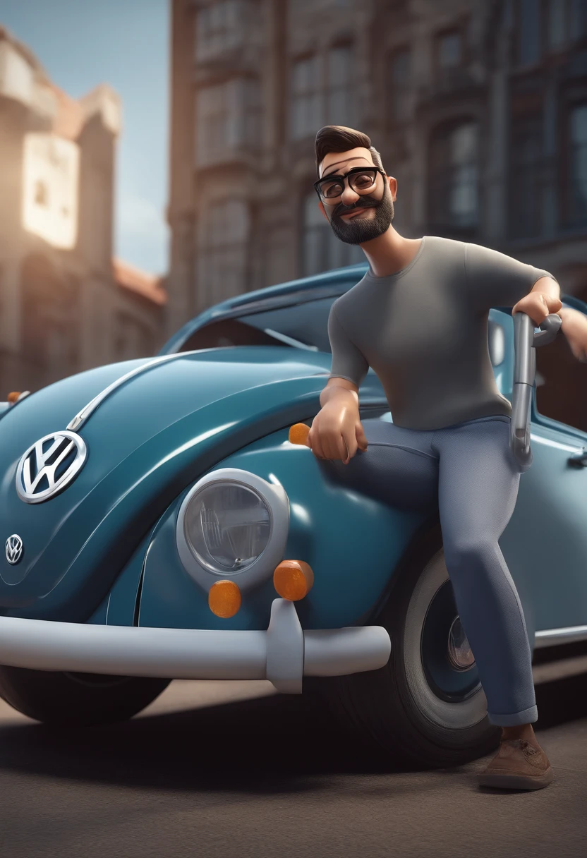 personagem dos desenhos animados em uma loja de carros Volkswagen, de um homem gordinho, com barba, with black glasses and a blue shirt with Volkswagen emblem, animation character, Caractere estilizado, animation style rendering, 3D estilizado, Arnold Maya render, 3 d render stylized, toon render keyshot, Personagem 3D, Personagem 3D, 3d rendering stylized, 3 d character render, personagem de desenho animado, Personagem de close up, Pose de personagem, (Estilo Pixar) (master part:1.2) (Bokeh) (best quality) (pele detalhada) (textura detalhada) (8k) (argila) (Cinematic lighting) (foco nítido)