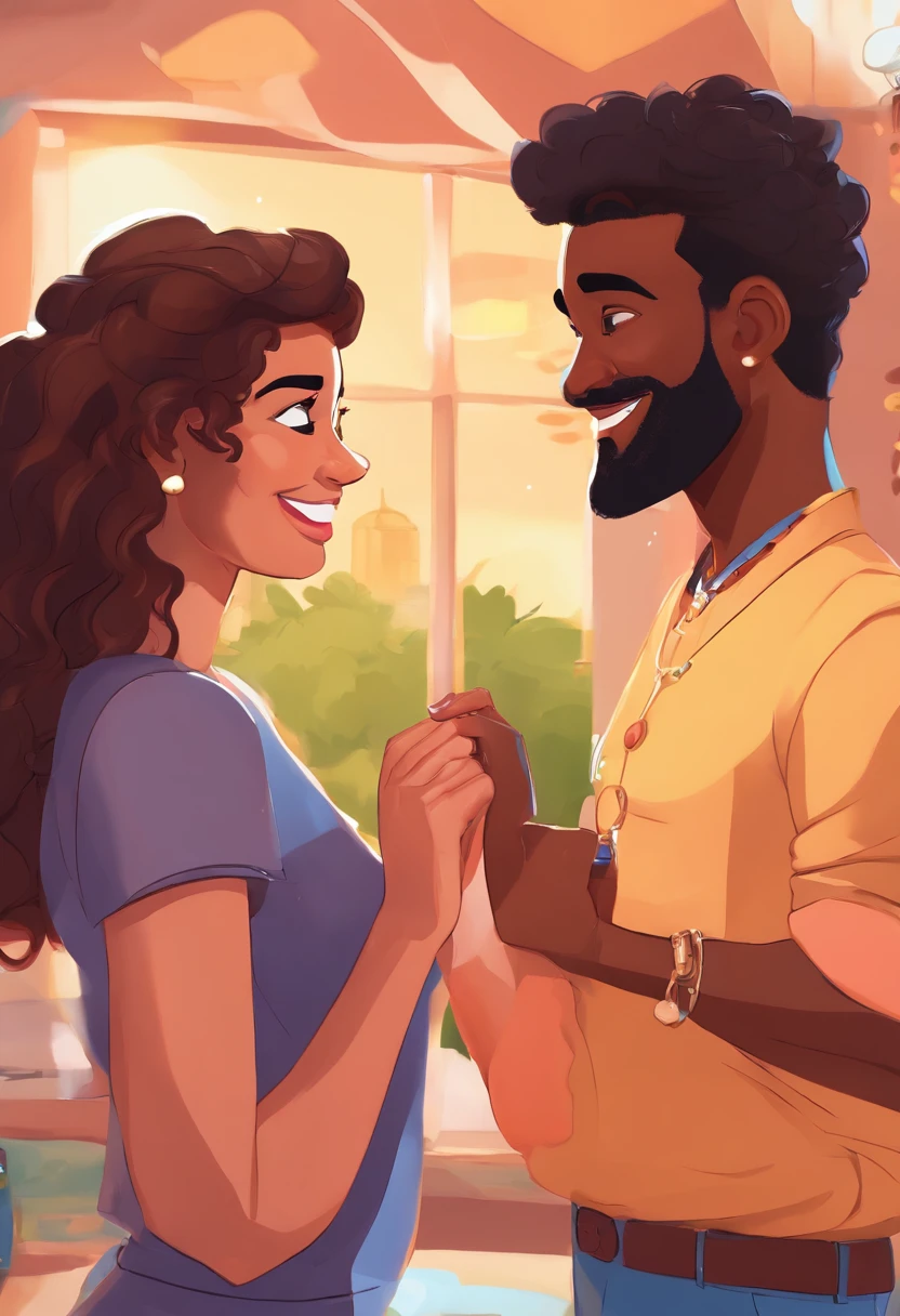 An illustration of an adorable couple, Highlight for a black man with glasses and a beard and a black woman with curly hair tied up, with beautiful expressive eyes – the man's skin is black and the man's hair is small, crespo e preto, while the woman's skin is black and the woman's hair is curly and black. Woman is doing the I love you sign in pounds. They are a bright room, cada um com um sorriso no rosto, e compartilhar um momento especial caracterizado pelo amor, Insights. Illustrate this scene from a perspective where they are facing the camera, Smiling and Showing Your Connection. Desenvolva esta arte em Full HD, Focus on your cinematic touch, Estilo Disney Pixar Animations