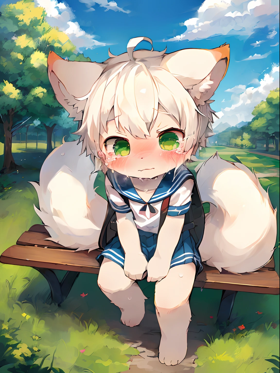 masutepiece, High quality, Absurd resolution, Digital Painting \ (The artwork \), By Dagasi, yupa, Kiyosan, (fluffy fur, White fur, Full body fur,), Male child,elementary student,独奏,One subject,Tears, Green eyes, White hair,I have a red school bag,1tail,Ears lowered,kawaii,Sweating,a sailor suit, Embarrassing,cum on,a miniskirt,Bare legged, Bright eyes,4 Other ,the panorama, Character Focus. Detailed background, cloud background,a park,Bench under the tree ,sitting on,pov from down,Sensitive,limit