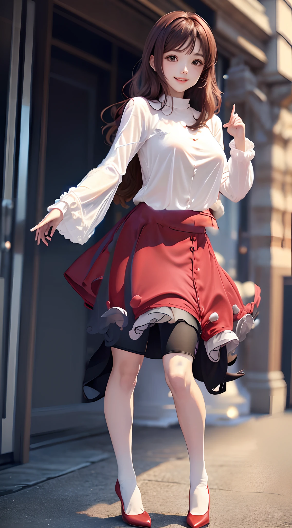 Hands are down、The top is a long-sleeved black shirt、No buttons on the tops、long red skirt、