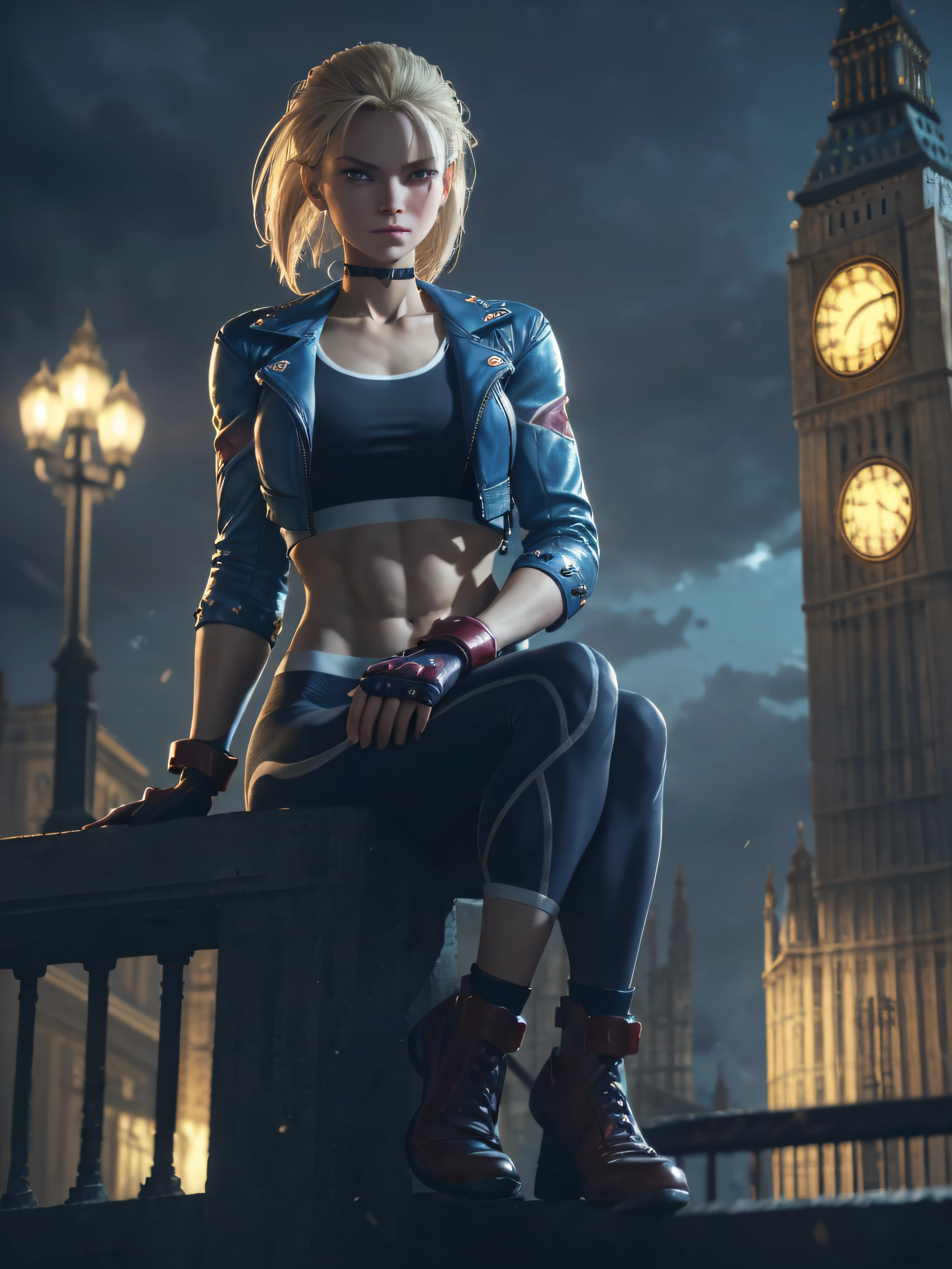 "(exquisitely detailed CG unity 8k wallpaper, masterpiece-quality with stunning realism), (best illumination, best shadow), (best quality), (elegant and demonic style:1.2), (closeup:1) Arti modern anime. angled view, heroic pose, closeup full body portrait medium shot of cammy, navy blue sports bra, light blue open jacket, navy blue yoga pants, red gloves, Abdominal muscle, muscles, (eyes looking at viewer:1.0), abs, depth of field blur effect, night, full zoom, action portrait, photorealistic. cinematic lighting, highly detailed. best quality, 4k, Better hand, perfect anatomy, leaning forward, foreshortening effects, (leaning forward:1) (cute coy flirty sexy expression), foreshortening effect, (piercing eyes:0.8), surrounded by an ominous and dark atmosphere, accentuated by dramatic and striking lighting, imbued with a sense of surreal fantasy", (mature:0.5) (in london city in the afternoon:1.5) (alone:1.5) (pretty cute face:1.3) (secret agent pose:1) (elegantly sitting:1.5)