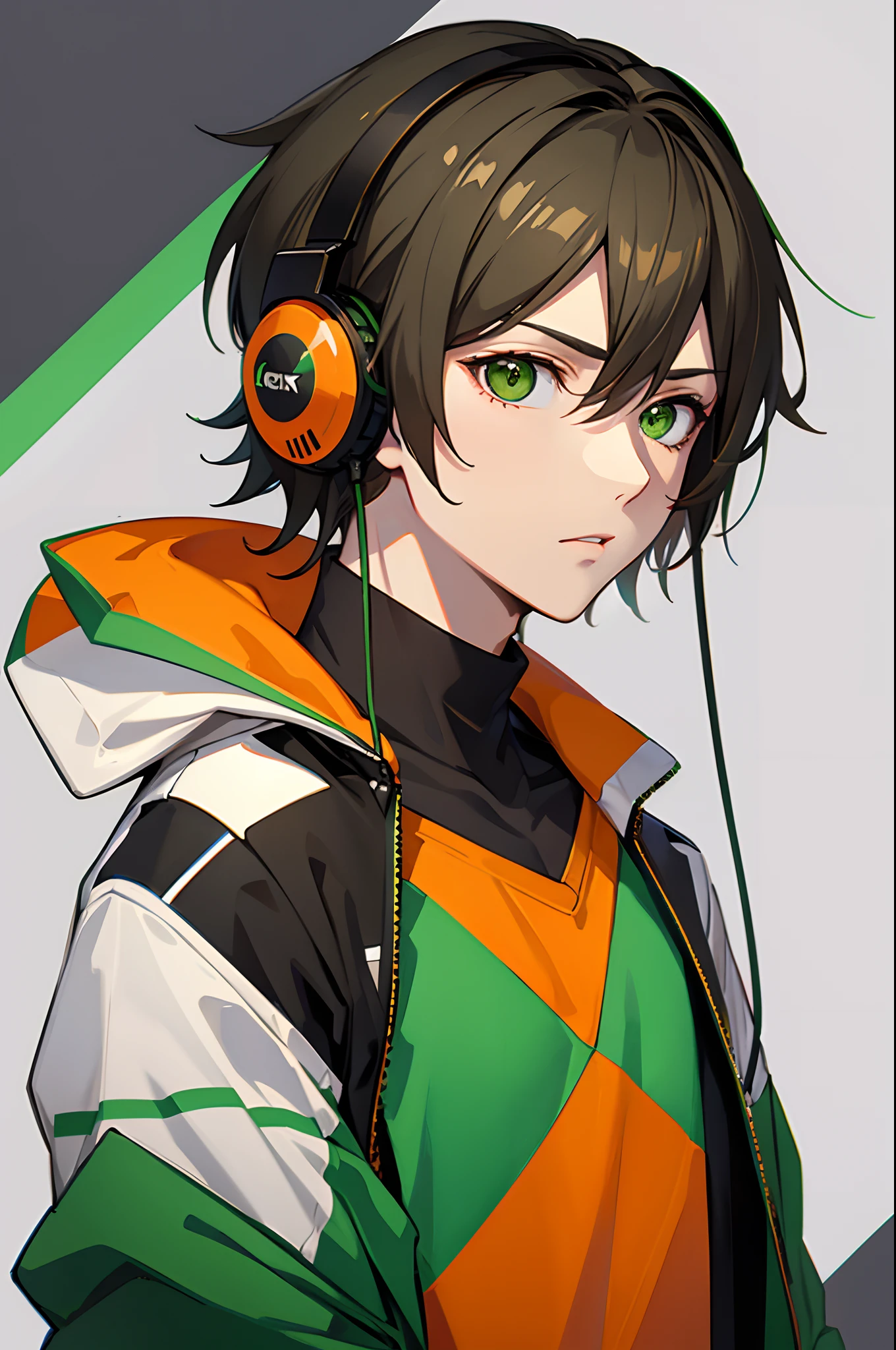 Orange and green tones with headphones, e-sports players, men, cool, handsome chibi