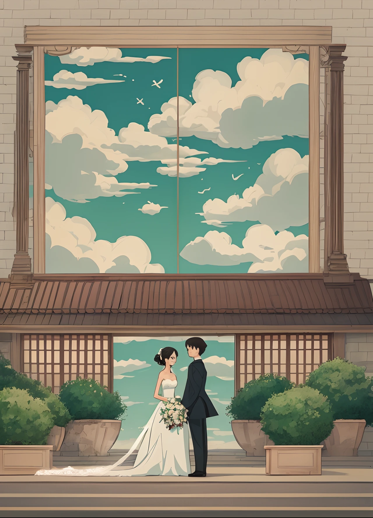 A wedding journal、cartoonish style、in style of hayao miyazaki、Sweet couple、vectorial、planar、white backgrounid --auto --s2