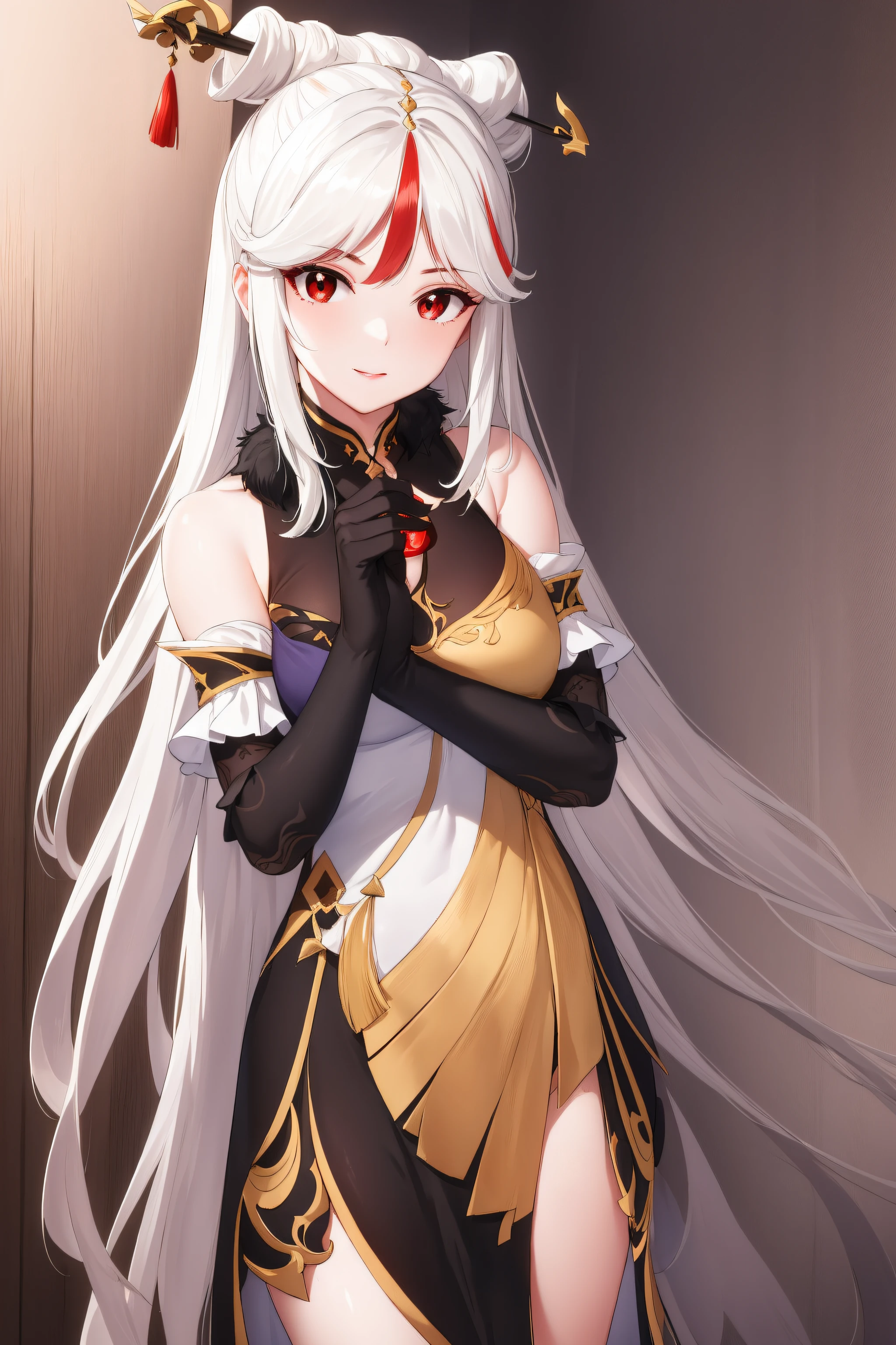 ningguang, ningguang, grey hair, hair ornament, hairpin, long hair, parted bangs, (red eyes:1.5), sidelocks, streaked hair, red hair, smile,
BREAK bare shoulders, black gloves, chinese clothes, claw ring, detached sleeves, dress, elbow gloves, frilled sleeves, frills, fur collar, gloves, jewelry, pelvic curtain, sleeveless, sleeveless dress, white dress,
BREAK looking at viewer, full body, (cowboy shot:1.5),
BREAK indoors,
BREAK (masterpiece:1.2), best quality, high resolution, unity 8k wallpaper, (illustration:0.8), (beautiful detailed eyes:1.6), extremely detailed face, perfect lighting, extremely detailed CG, (perfect hands, perfect anatomy),