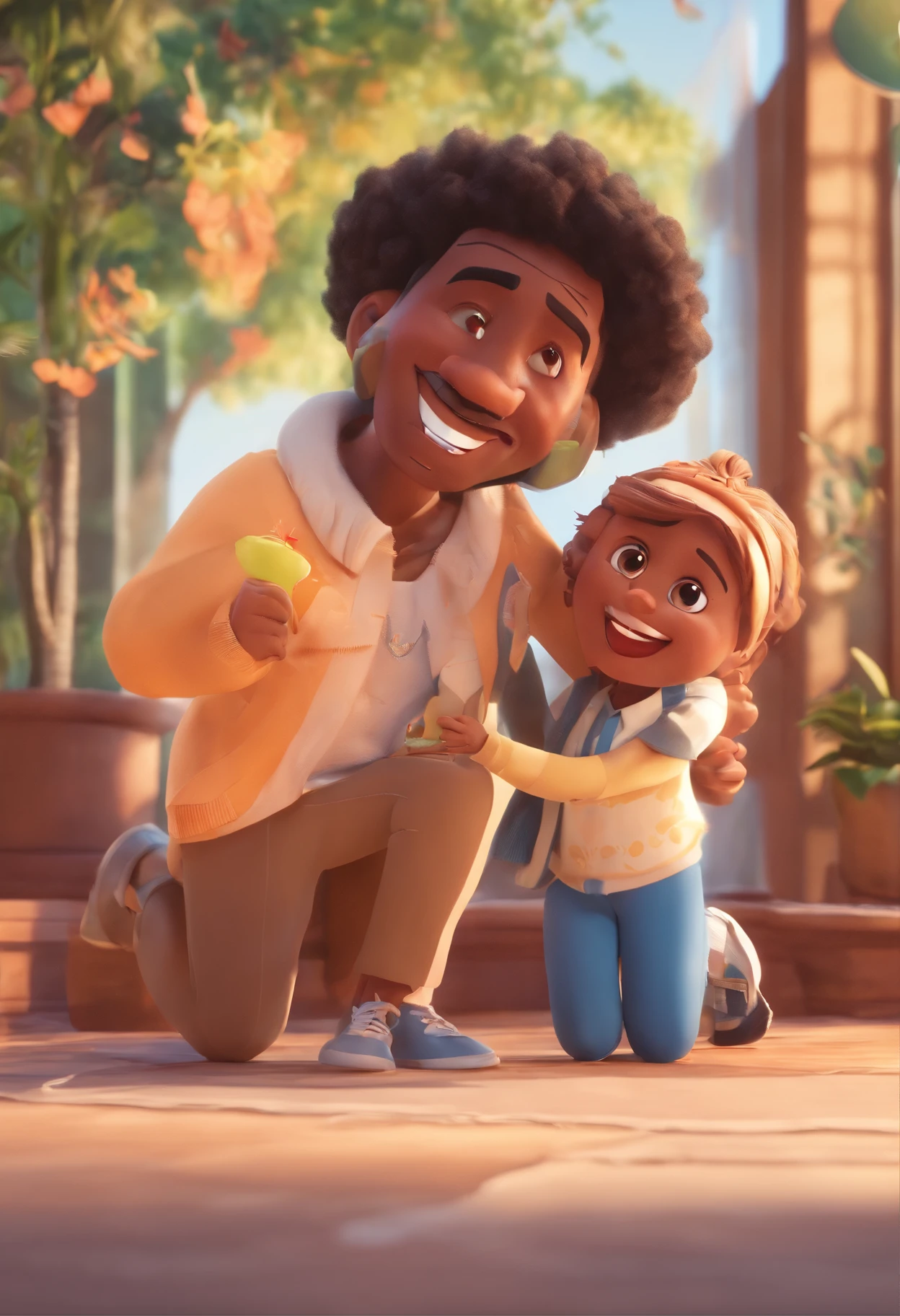 An illustration of an adorable couple, Highlight for a black man with glasses and a beard and a black woman with curly hair tied up, with beautiful expressive eyes – the man's skin is black and the man's hair is small, crespo e preto, while the woman's skin is black and the woman's hair is curly and black. Woman is doing the I love you sign in pounds. They are a bright room, cada um com um sorriso no rosto, e compartilhar um momento especial caracterizado pelo amor, Insights. Illustrate this scene from a perspective where they are facing the camera, Smiling and Showing Your Connection. Desenvolva esta arte em Full HD, Focus on your cinematic touch, Estilo Disney Pixar Animations