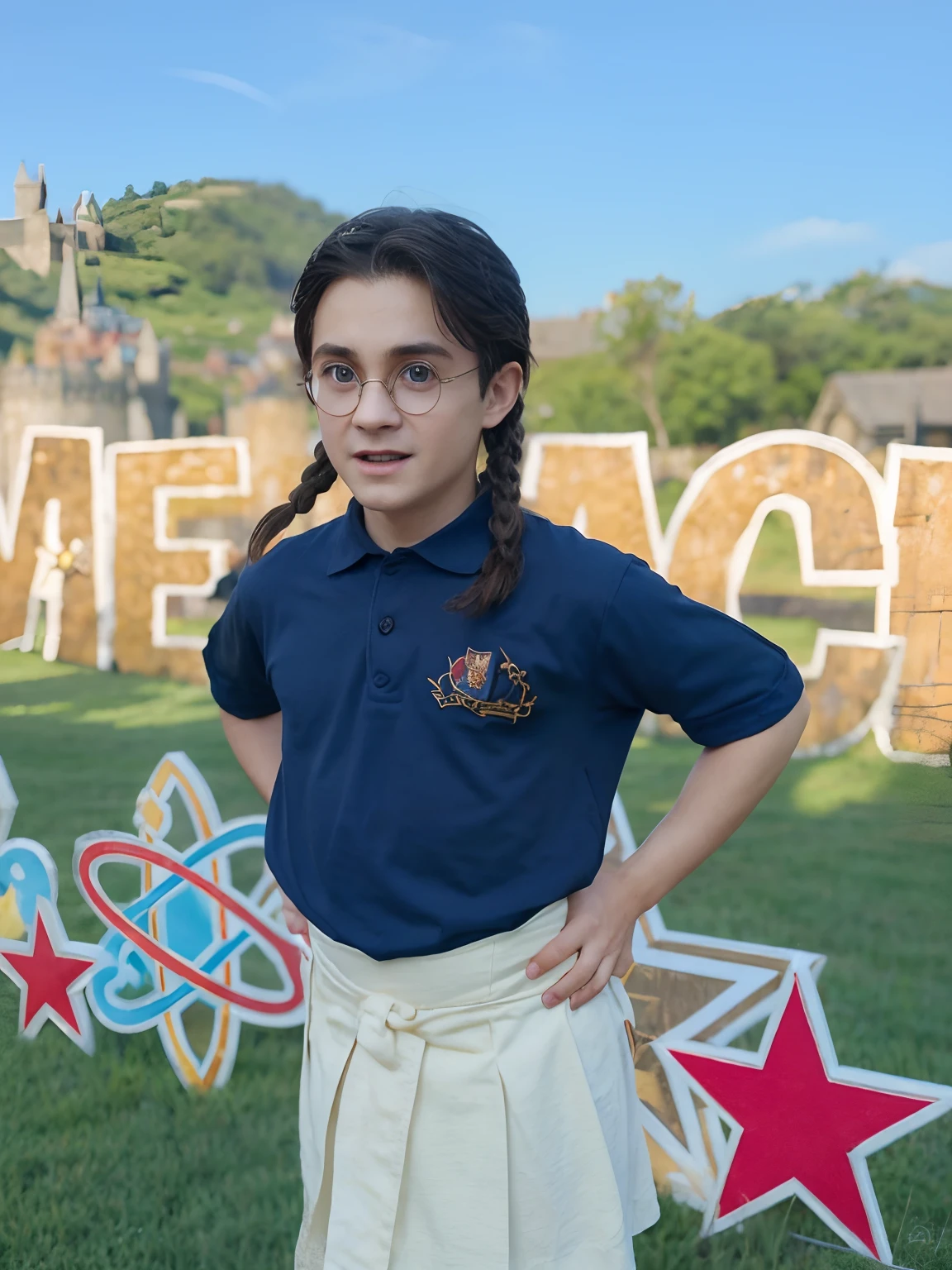 Harry Potter fazendo uma magia. Harry Potter outfit Harry Potter glasses Harry Potter magic wand Harry Potter cape Hogarts castle in background
