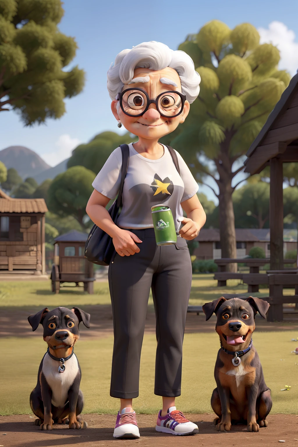 obra-prima, de melhor qualidade, An old woman with black glasses , cabelos curtos e brancos vestindo um casaco preto da adidas, calca preta, White T-shirt and colorful sneakers Standing , taking a Heineken in the park and a Rottweiler dog.