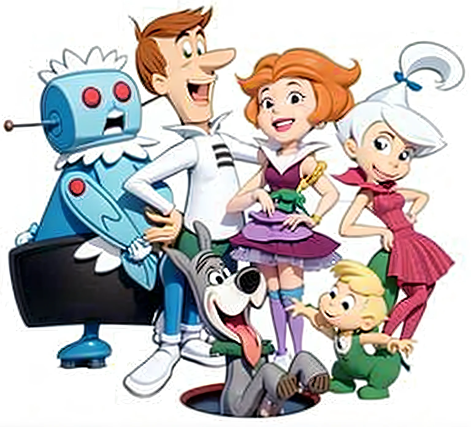 Jets family cartoon characters posing for a photo, Jetsons, Os Jetsons, arte promocional, animated cartoon series, por Hanna-Barbera, Hanna Barbera, Desenho animado dos anos 90, animated series, imagem promocional, imagem dos desenhos animados, 2 0 0 0 s desenhos animados, 8 0 s desenho animado, do programa de TV hit 9 0 s, estilo Hanna Barbera, saindo de uma maquina do tempo