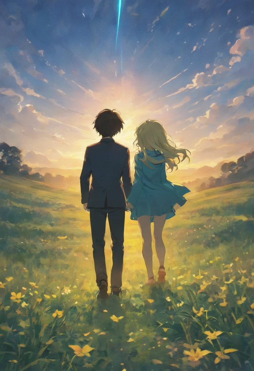 a small image of a couple from a distance taken from behind walking on a field with a sunset sky background, jasmine, mezzanine, official fanart, romance book cover style, by Ayami Kojima, mazarineee, album art, aquamarine, album cover!, the album is called tripmachine, detailed fanart, detailed photo of an album cover, anime cover, ayamin kojima