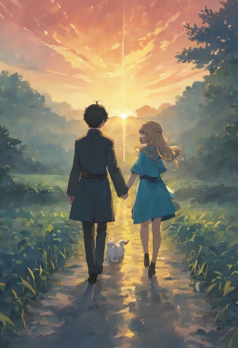a small image of a couple from a distance taken from behind walking on a field with a sunset sky background, jasmine, mezzanine, official fanart, romance book cover style, by Ayami Kojima, mazarineee, album art, aquamarine, album cover!, the album is called tripmachine, detailed fanart, detailed photo of an album cover, anime cover, ayamin kojima