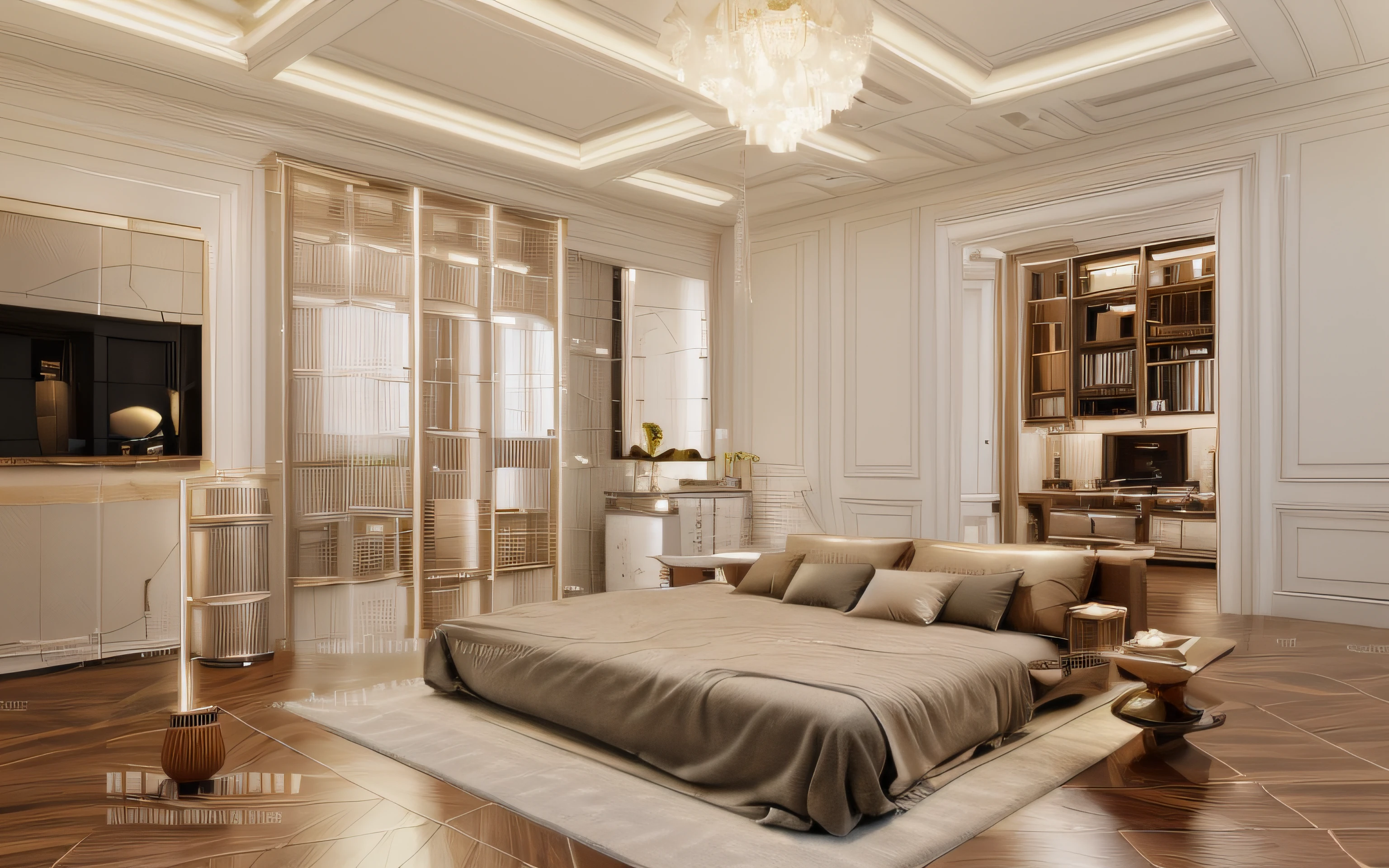 BEDROOM,arafed living room with a large couch and a table, neoclassical living room, luxurious environment, relaxing environment, interior design living room, unreal engine realistic render, stunning render, beautifully detailed render, very realistic render, hdr render in unreal engine 5, unreal engine highly rendered, living room interior design, with backdrop of natural light, excellent 3d render, natural realistic render