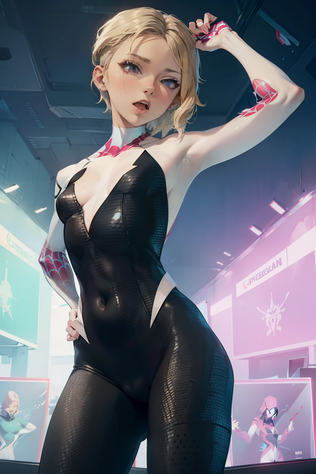 (spider gwen) highest qualityr、Extremidades completas、Dedos completos、Belleza esbelta、Bery pelo corto pose de cuerpo completo de pie, bodysuit muy ajustado, cameltoe marcado, pezones marcados, muslos marcados, entrepierna lujuriosa, botas deportivas, Ahegao expression, pose lujuriosa, mujer laciva, Show your buttocks to the viewer