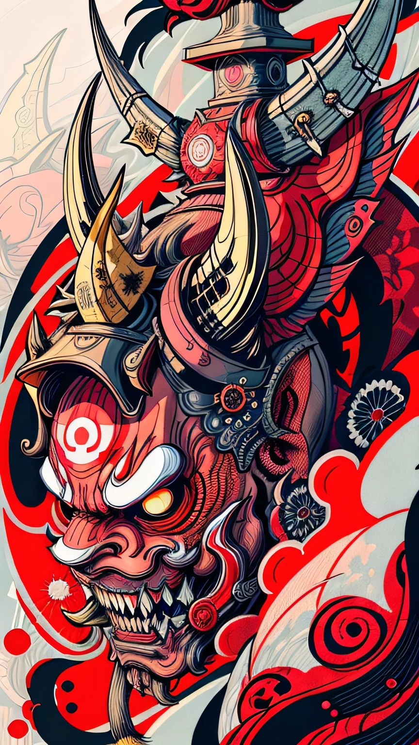 Hannya mask style of 0mib, illustrator, masterpiece, high quality, 8k, high resolution, high detailed, Japanese, samurai