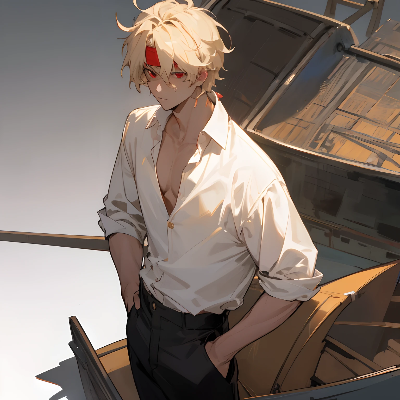 Anime - style image of a man in a white shirt and black pants standing ...