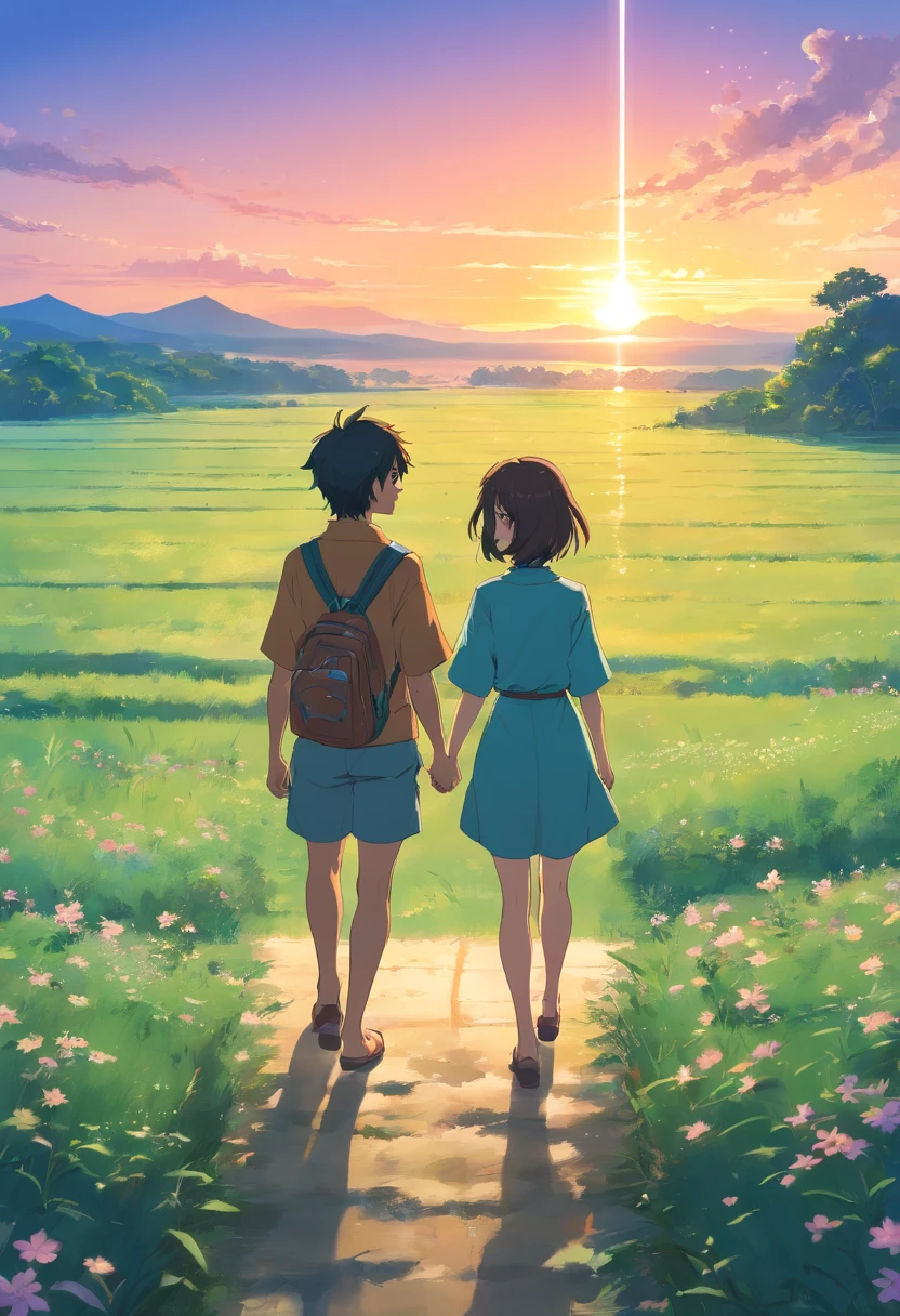 a small image of a couple from a distance taken from behind walking on a field with a sunset sky background, jasmine, mezzanine, official fanart, romance book cover style, by Ayami Kojima, mazarineee, album art, aquamarine, album cover!, the album is called tripmachine, detailed fanart, detailed photo of an album cover, anime cover, ayamin kojima