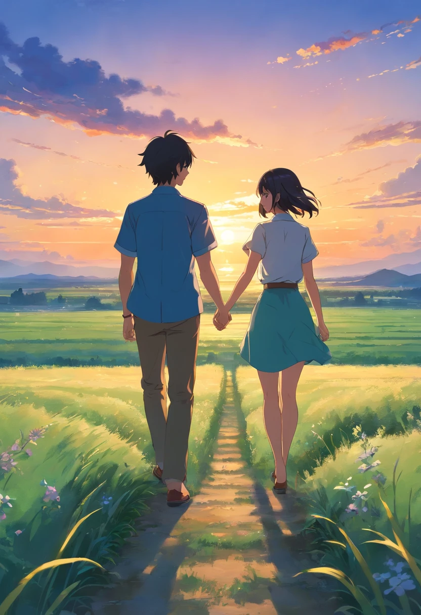 a small image of a couple from a distance taken from behind walking on a field with a sunset sky background, jasmine, mezzanine, official fanart, romance book cover style, by Ayami Kojima, mazarineee, album art, aquamarine, album cover!, the album is called tripmachine, detailed fanart, detailed photo of an album cover, anime cover, ayamin kojima
