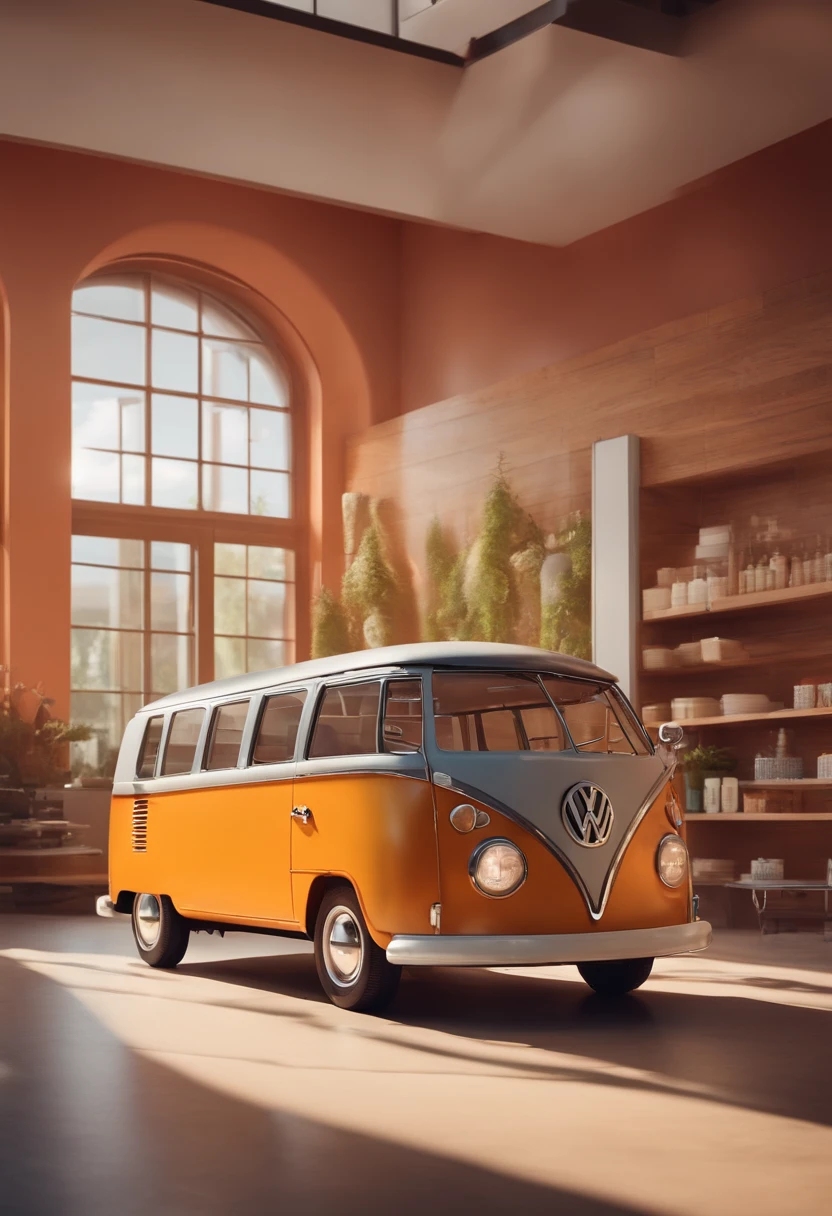 Personagem Pixar de um homem, gordinho, com barba, oculos de grau, cabelos castanhos com topete, uniforme de vendedor da VW. The setting is a Volkswagen store.