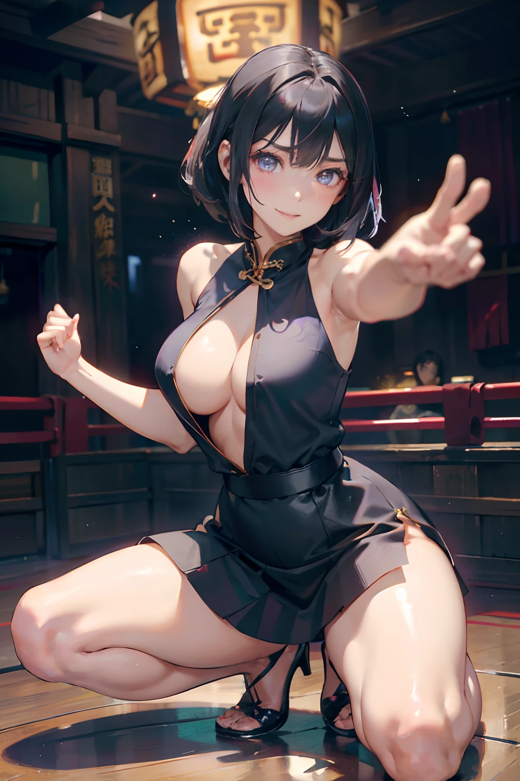 a 20 yo woman、Black-haired head hair、Bery short hair、Big smile、cleavage of the breast、Thighs at a glance、Purple cheongsam with open chest(hi-top fade:1.3)、dark themed、Muted Tones、Subdued Color、highly contrast、(natural skin textures、Hyper-Realism、Soft light、sharp)、(Official art、Best Quality、Unity 8k Wallpapers、32K、​masterpiece、ultra-detailliert、超A high resolution、realisitic、Photorealsitic:1.2)、(Cinematic lighting:1.2)、Fireglow effect、film grains、Best Shadows、Rim lighting、side lights、sideshot、(Ultra-detailed and complex 3D rendering)、Detailed beautiful face and eyes、A slender、Medium bust、(Full body:1.2)、 Highly detailed background、Chinese Restaurant、beauitful face、blurry backround、a beauty girl、(super detailed skin、detailed skin textures:1.3)、Black hair、short-hair、braided ponytails、Blue eyes、Red cheongsam with gold thread embroidery、Wearing high heels、Floral hair ornament、Gentle smile、(thighs thighs thighs thighs:0.9)、(kung fu pose:1.2)、dynamicposes、Chinese boxing、Kungfu、Posture of the fist、
