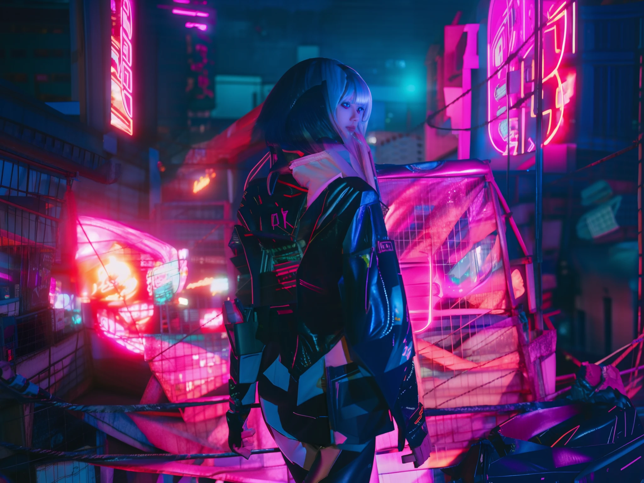 masterpiece、masutepiece、high-level image quality、An ultra-high picture quality、Detailed quality、A woman wearing a black jacket and a pink scarf is standing in the city,Cinematic background、Background bokeh、focus、neons、 cyberpunked, Cyberpunk Art, cyberpunk vibe, cyberpunk art style, cyberpunk vibe, vibrant colors of cyberpunk, Digital Cyberpunk, cyberpunk themed art, Cyberpunk Girl, modern cyberpunk anime, cyberpunked, Digital Cyberpunk, aesthetic cyberpunk, dreamy colorful cyberpunk colors, cyberpunk art style