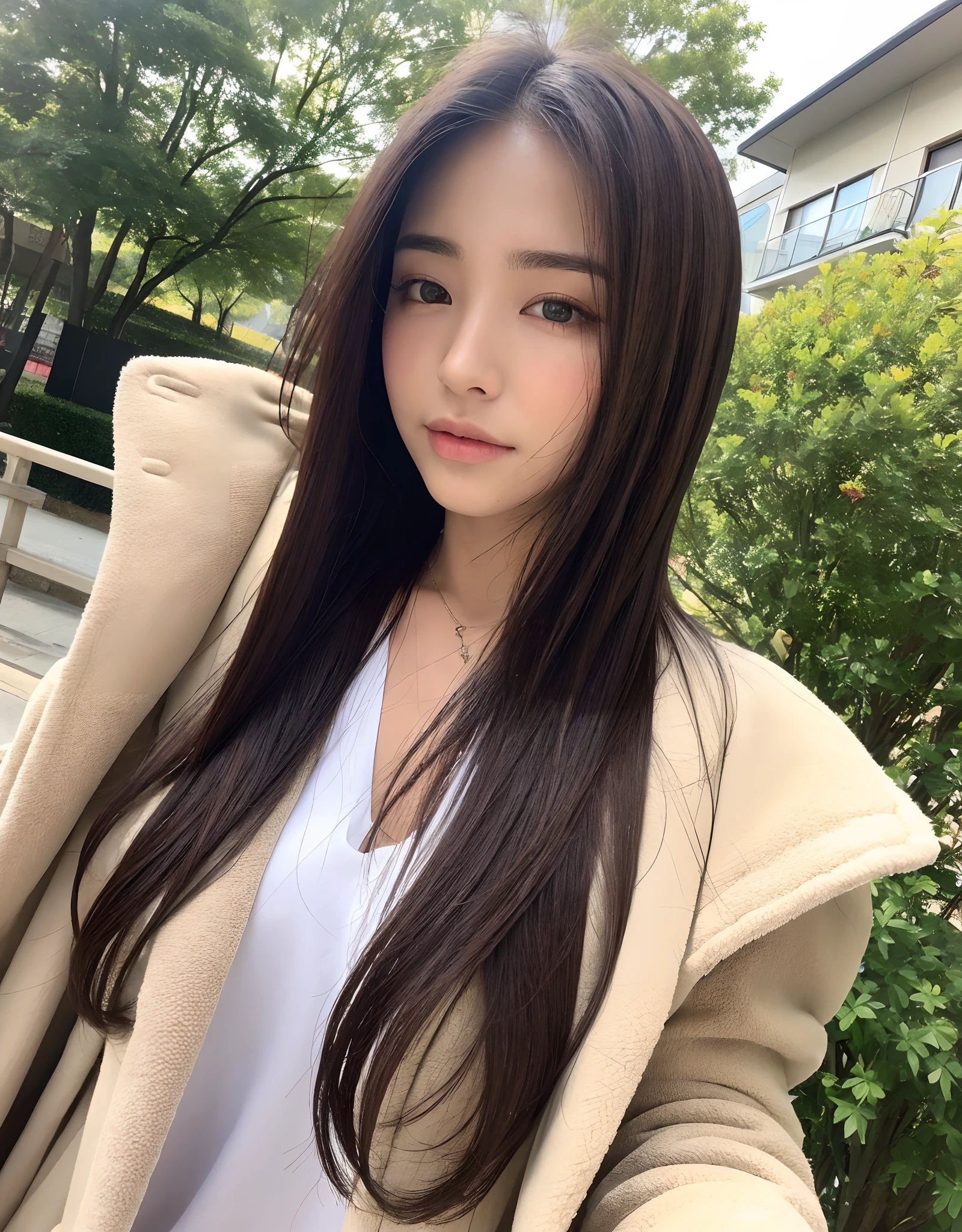 (during daytime, excellent, 8K, masterpiece: 1.3)), full body Esbian, Long feet, Focal length: 1.2, Perfect beauty: 1.4,Slimed: 1.1, ((dark brown hair: 1.2 )), (whiteshirt, JINS, standingn: 1.2), ((sity, plein air: 1.3)), Face and skin texture, Detail Eye, 二重まぶた、hard worker、Winters、coat