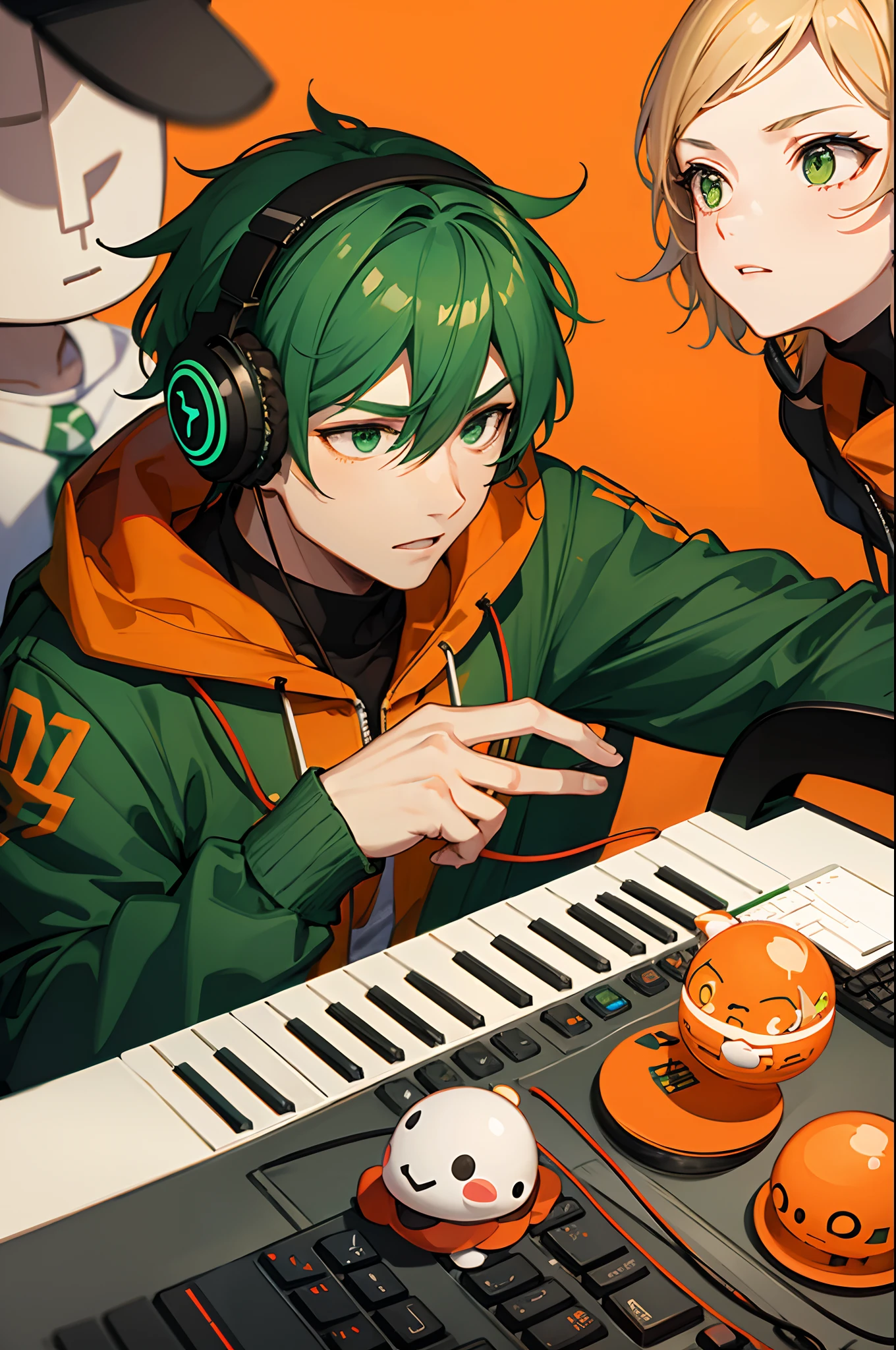 Orange and green tones with headphones, e-sports players, men, cool, Handsome Chibi holds the keyboard
