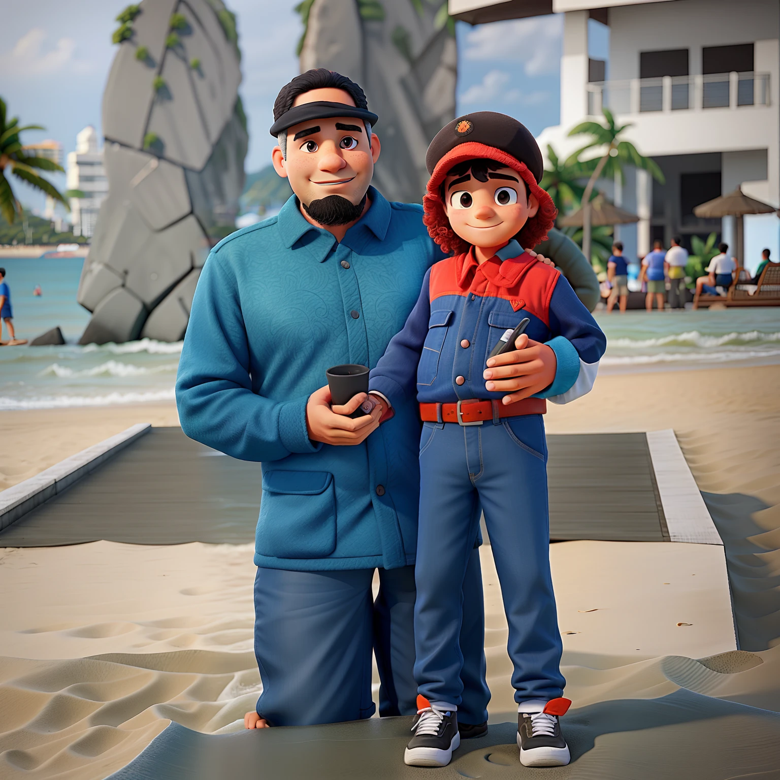 The father and his son on the beach promenade against the backdrop of a beach in Guarujá-SP