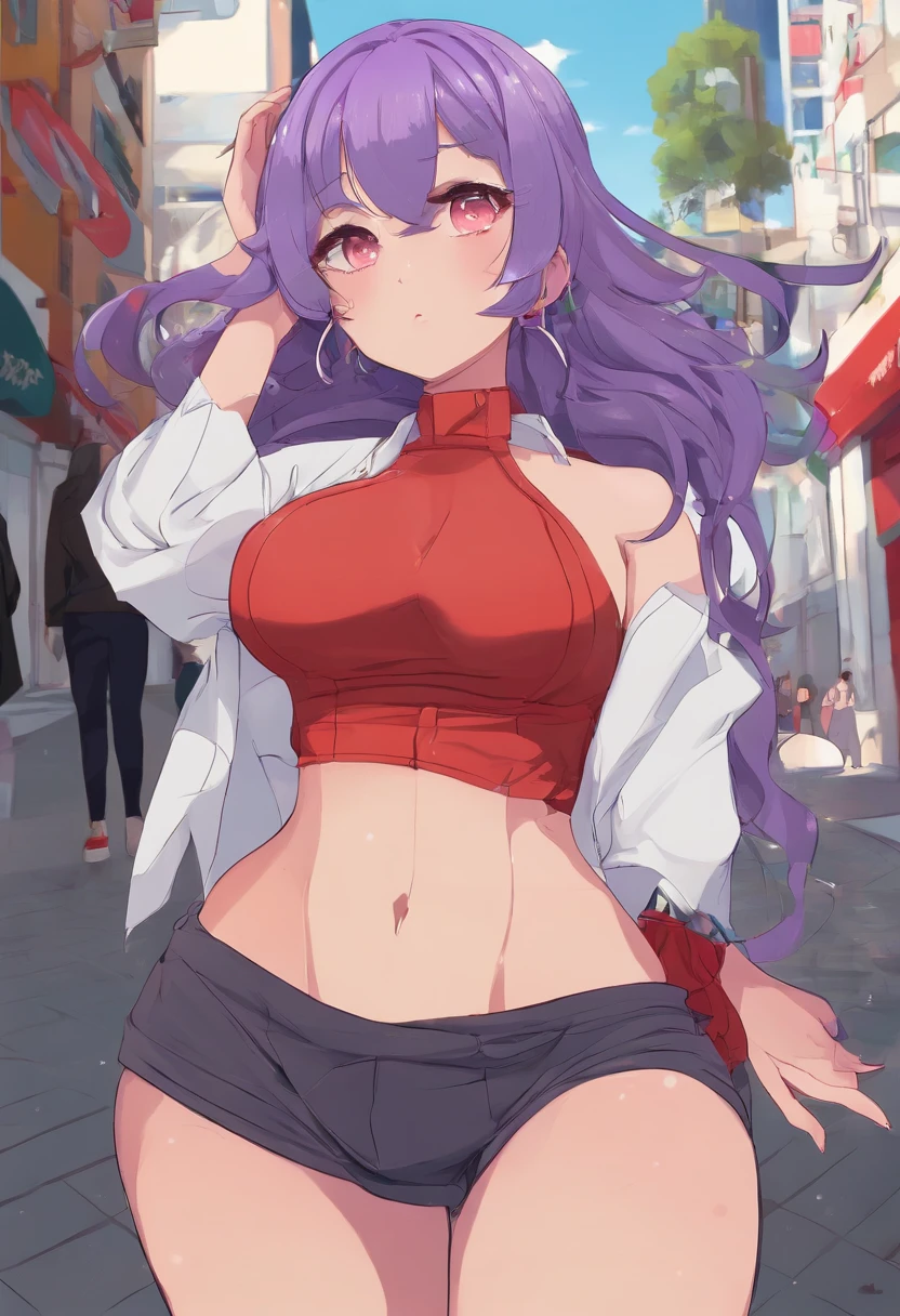 (best quality: 0.8), (best quality: 0.8), perfect anime illustration, close-up portrait of a beautiful dark skinwoman walking around town very long purple hair huge breasts blush red eyes (((nsfw))) a cartoon of a woman with a big belly and a headband, full body portrait of a short!, thicc, thick black lineart, fullbody commission for, !!full body portrait!!, full body character portrait, full body illustration, character full body portrait, commission for high res, oc commission, single character full body, fullbody portrait, full character body