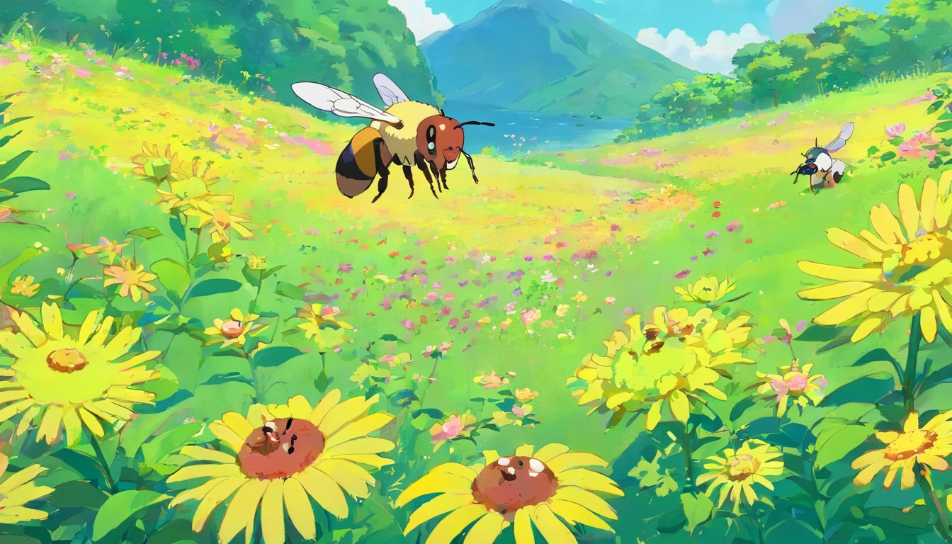 A small yellow bee sucks nectar from a flower bush in a meadow，Her noise disturbed the little black ants who were taking a nap。Then the little bee apologized guiltily to the little ant，The ant smiled happily，And forgave her。The colors are bright and bright，plethora of colors。
