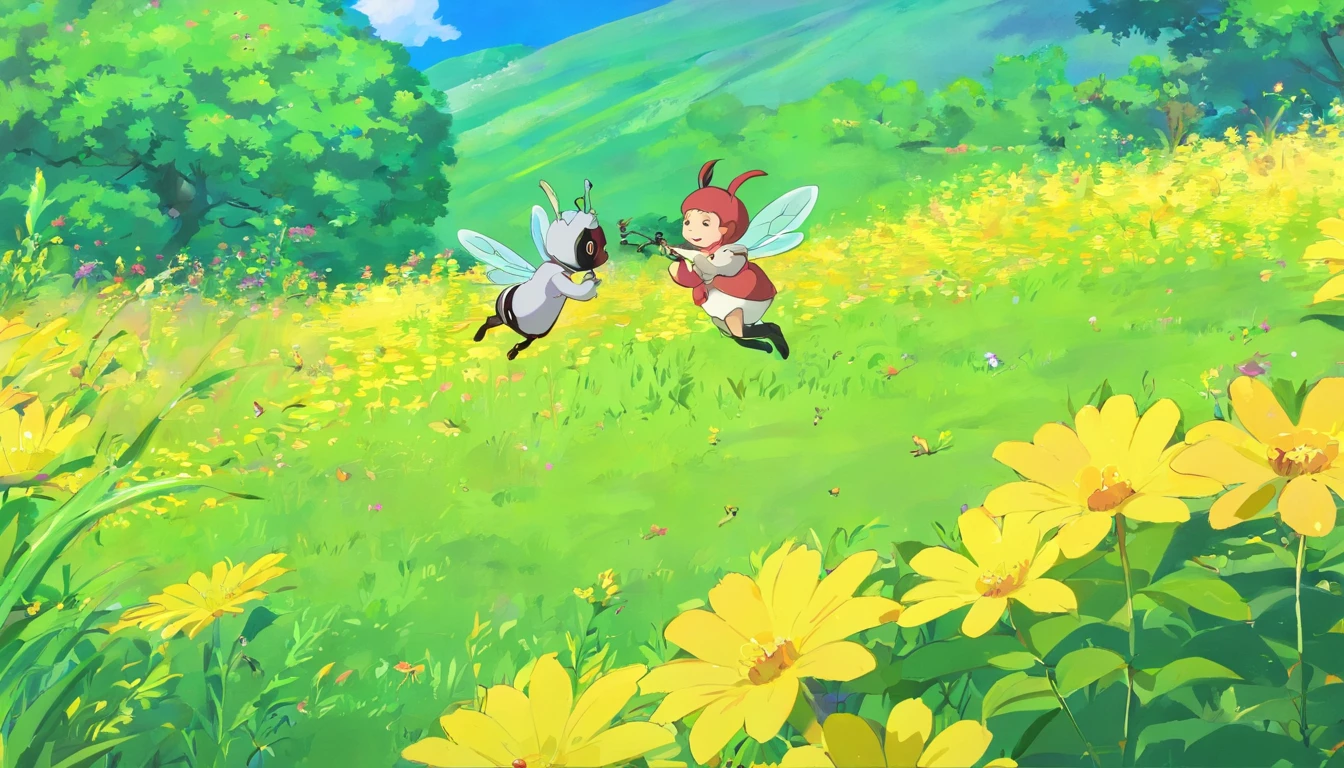 A small yellow bee sucks nectar from a flower bush in a meadow,Her noise disturbed the little black ants who were taking a nap。Then the little bee apologized guiltily to the little ant,The ant smiled happily,And forgave her。The colors are bright and bright,plethora of colors。