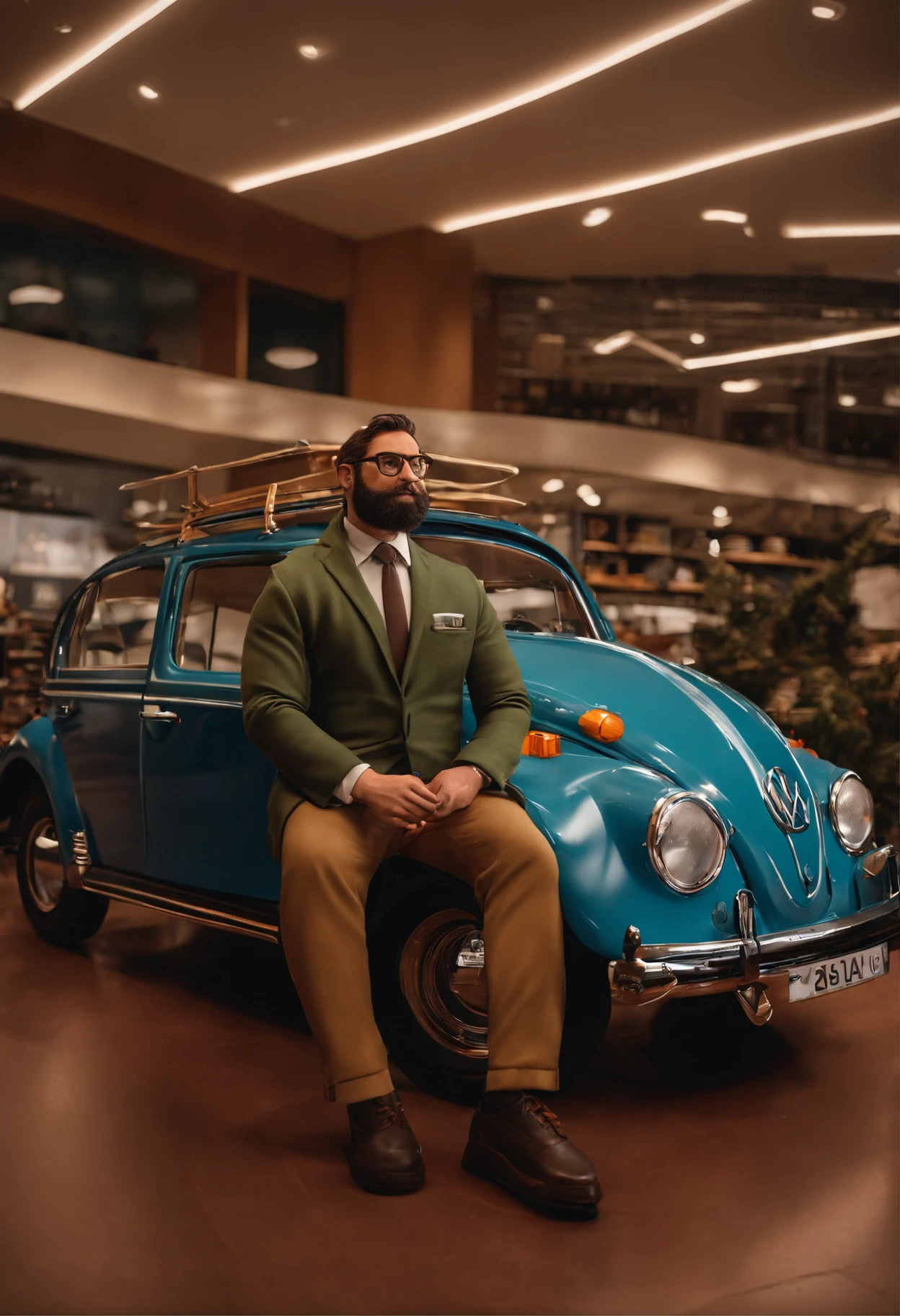 Personagem Pixar de um homem, gordinho, com barba, oculos de grau, cabelos castanhos com topete, uniforme de vendedor da VW. The setting is a Volkswagen store.