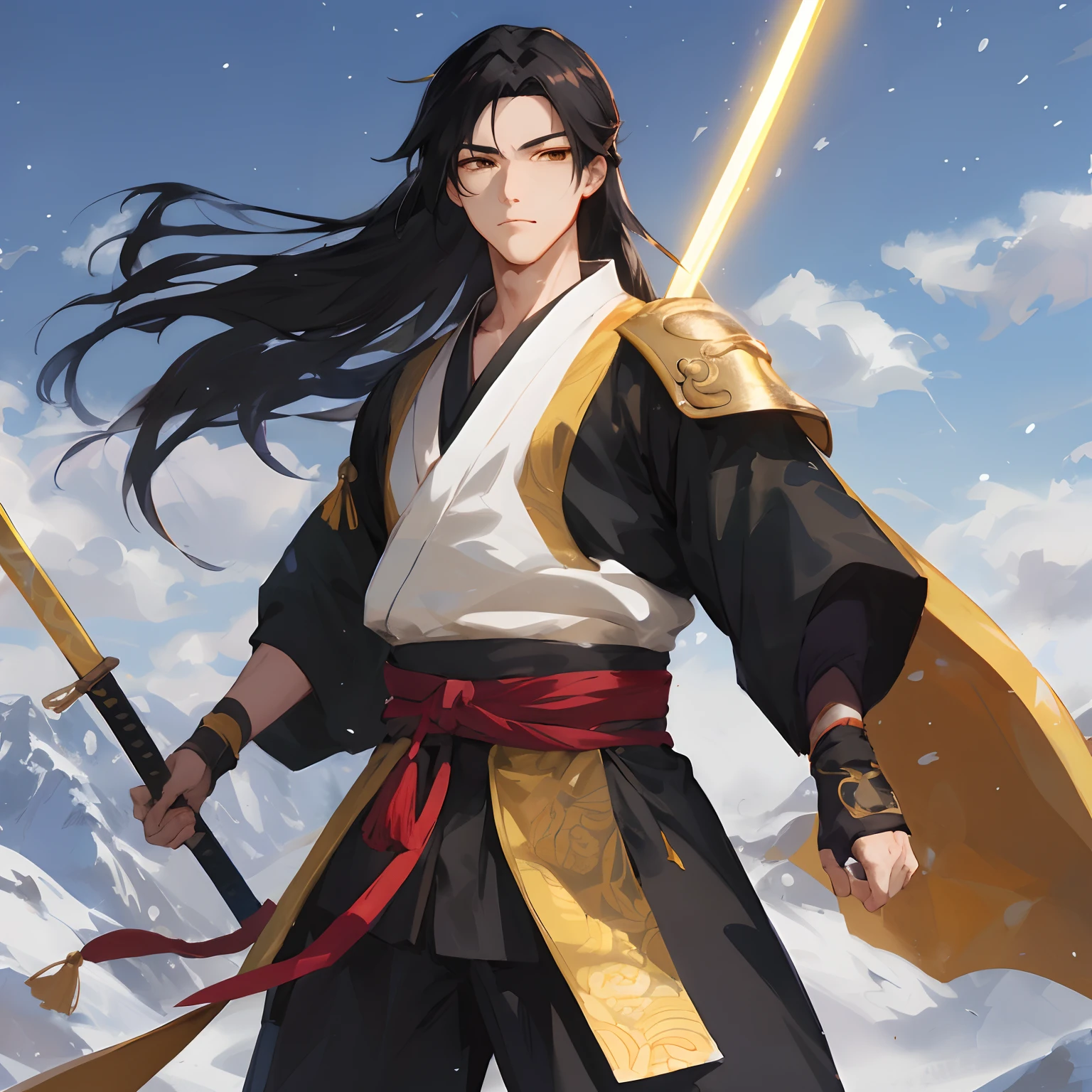 ((best quality)), ((ultradetailed)), ((masterpiece)), best quality (katana: 1.4), serious,(at night: 1.4), a 15-year-old teenager who has his hair in black, long that is loose in the wind, his hair is continuous and poured down his body, straight and shiny, which falls gently to the waist. Your hair is thick and has a healthy appearance, your hair is large and not stuck, contrasting with your fair skin. The young man's eyes are deep and emerald green, intense as two light pearls. They reflect calm and an inquisitive curiosity. He has a big smile on his face and a watchful eye. With his upright posture, the young man shows a confident bearing and a cheerful and hyperactive aura. He wears a brown, black and light green kimono with a large brown ribbon at his waist, sleeveless, made of a quality fabric. giving him the look of a swordsman. At his waist, he carries a white katana with gray details on the blade. The long, sharp blade is made of polished steel, reflecting light. The katana grip is wrapped in black leather, offering a firm and secure grip. The scabbard of the sword adorned with demonic symbols. He's on a rocky mountain feeling the wind. He has a large reddish brown scar on his cheek. He has a cheerful face. The trees sway in the background. Kimetsu no Yaiba style, alone, 1boy, a little muscular, demon slayer style, loose hair, petulant look, smiling, confident, only 1, spilled hair, loose and big hair, demon slayer artstyle, full body