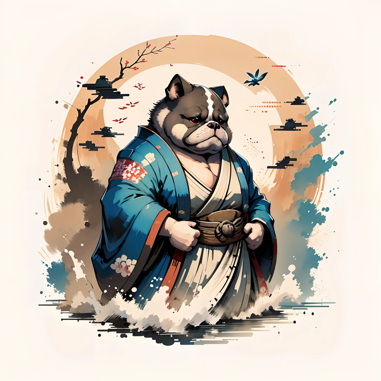 C4tt4stic，Fat Bulldog, Wear a kimono like a wealthy merchant， ukiyoe painting, etchings