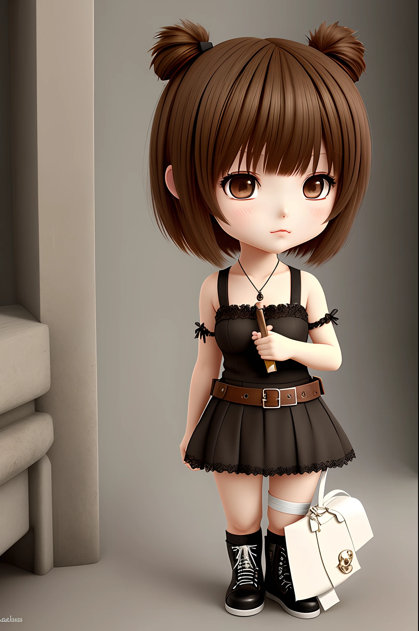 Chibi girl with volumous brown hair, anime style, 3d