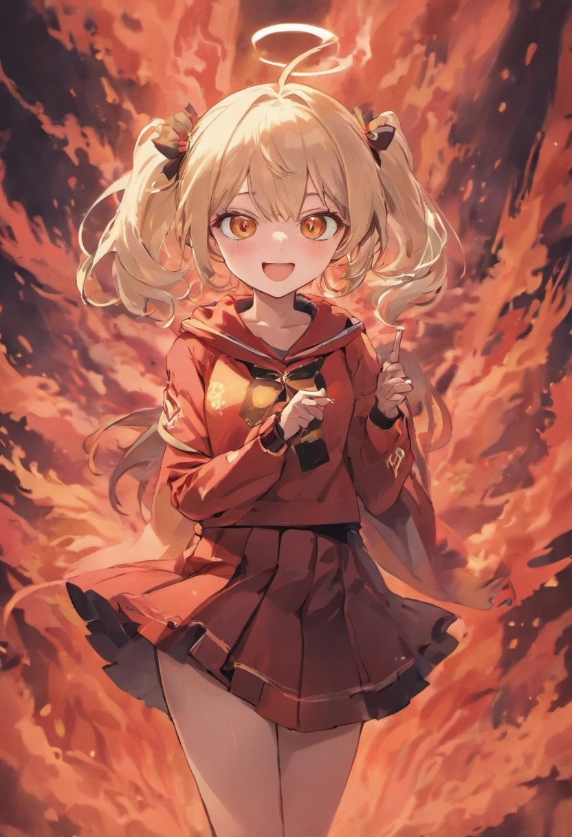 A silvery-white hair,Tie a single high ponytail,Girl with golden eyes,Wear a shirt and a short skirt,Half a mask,Stockings,Booties,White hooded cape,Wear a black reverse cross necklace,Each hand holds a dagger,Shy laugh,Standing against the background of red smoke and black smoke