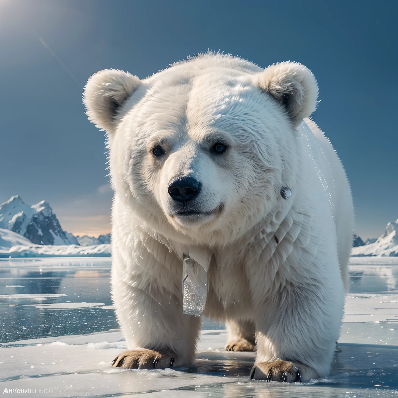 a cute little polar bear standing on the icy, snowy landscape, surrounded by sparkling ice crystals and frozen water droplets, depicting a peaceful and serene Arctic scene. The bear's fur is fluffy and textured, with a mix of white and light blue tones. The icy landscape is vast and stretches out into the distance, with hints of pink and purple hues in the sky, created by the setting sun. The lighting is soft and diffused, casting a gentle glow on the scene. The overall image quality is of the highest caliber, with vibrant colors, intricate details, and realistic textures. The medium used to create this artwork is a digital painting, which enhances the level of detail and allows for precise rendering of the bear's fur and the icy surroundings. The focus is sharp, capturing every delicate feature of the bear, including its round, black eyes and adorable button nose. The bear is depicted in a relaxed pose, perhaps standing on its hind legs, looking curiously at the viewer. The artwork conveys a sense of innocence, playfulness, and the beauty of the natural world.