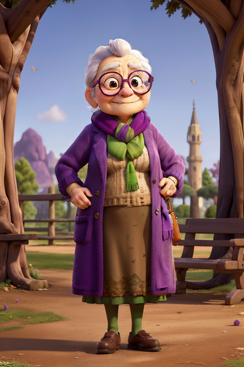 masterpiece, best quality, an old woman with glasses and a scarf on, wearing a purple coat and green scarf, standing at the park