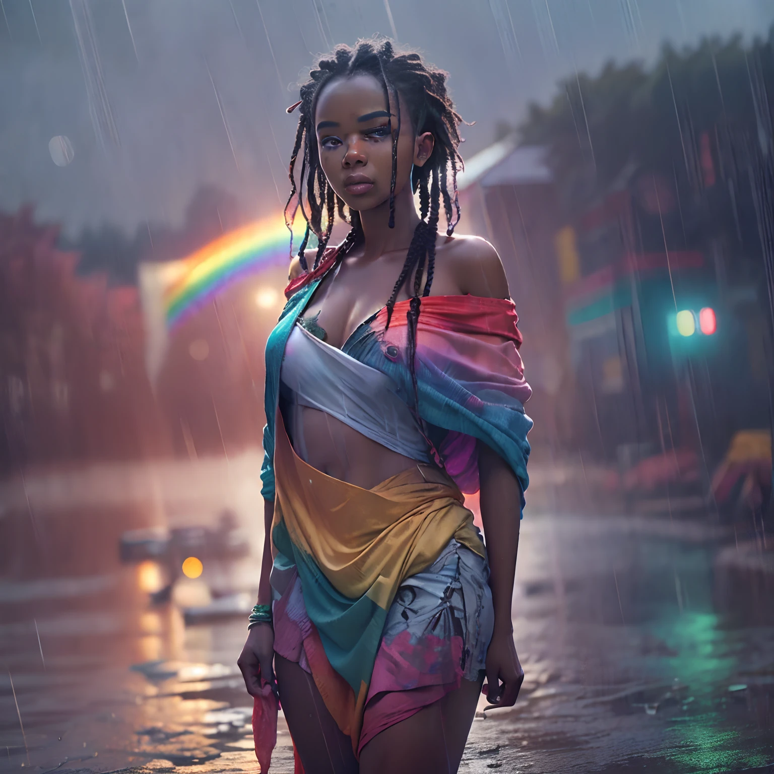 Open shot of African woman standing full body semi nude on rainy day, Camera lens that reflects rainbow light, 4k ,8k, Ultra HD