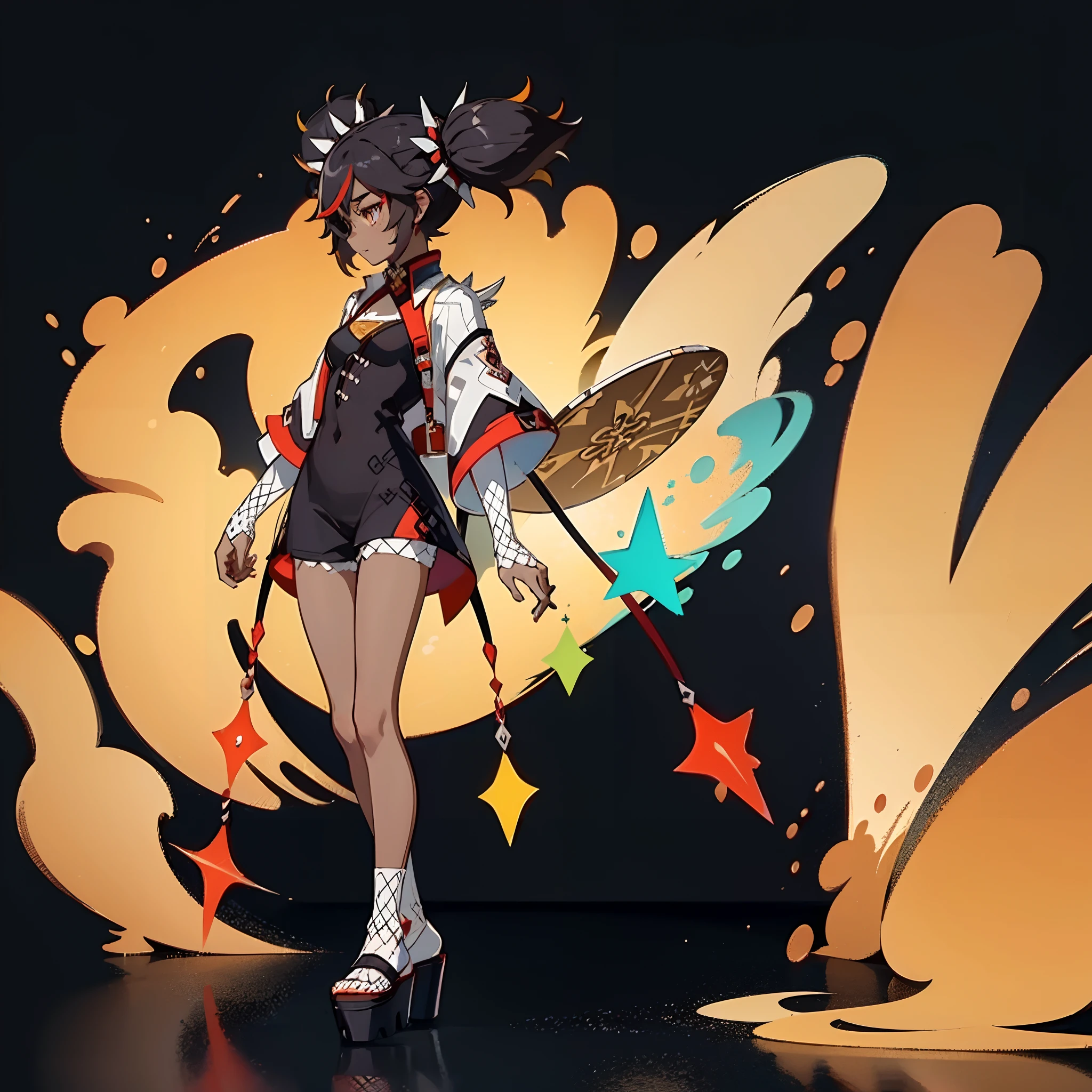 solo, solo focus, 1girl, xinyan \(genshin impact\), tanned skin, brown eyes, black hair, short twintails, red and black top, white shorts, fishnet stockings, black platform footwear, fgo sprite, full body, standing, black background, simple background, looking afar,