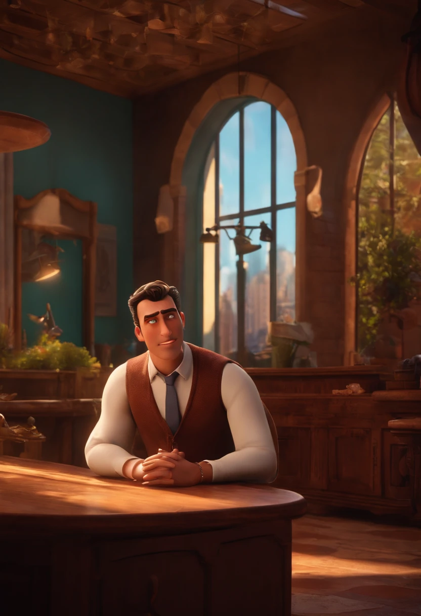 A city councilman looking at a dream project inspired by Pixar animation, de perto. The character takes center stage with captivating facial expressions, oferecendo um toque de irrealidade