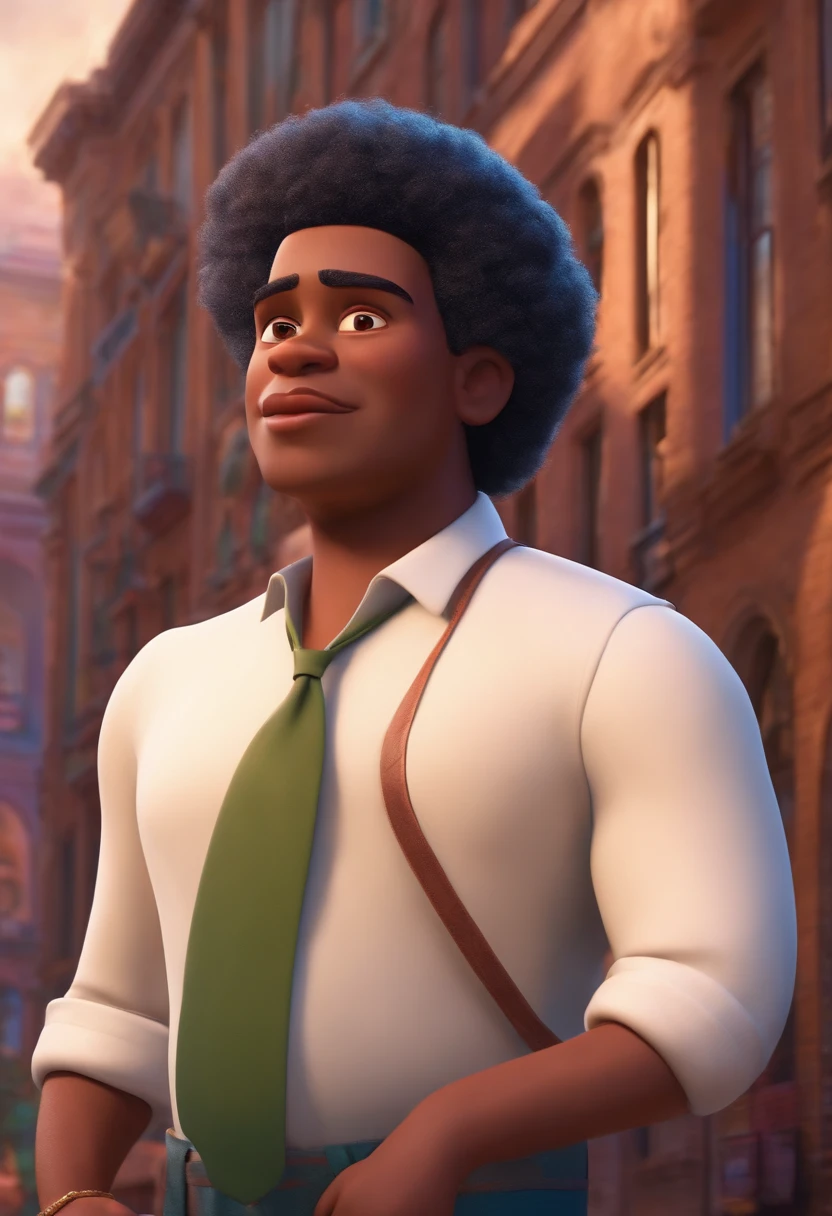 A city councilman looking at a dream project inspired by Pixar animation, de perto. The character takes center stage with captivating facial expressions, oferecendo um toque de irrealidade