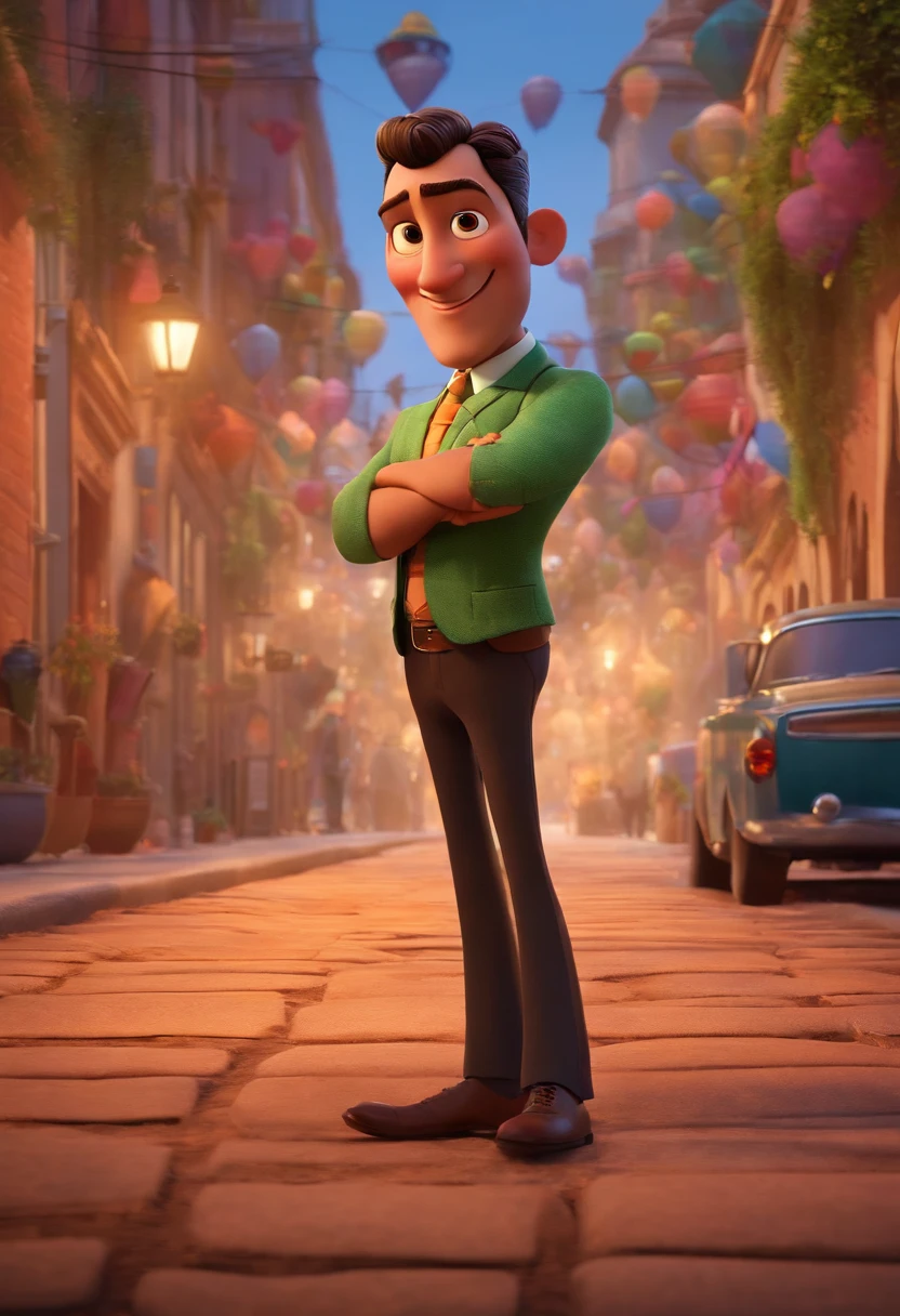 A city councilman looking at a dream project inspired by Pixar animation, de perto. The character takes center stage with captivating facial expressions, oferecendo um toque de irrealidade