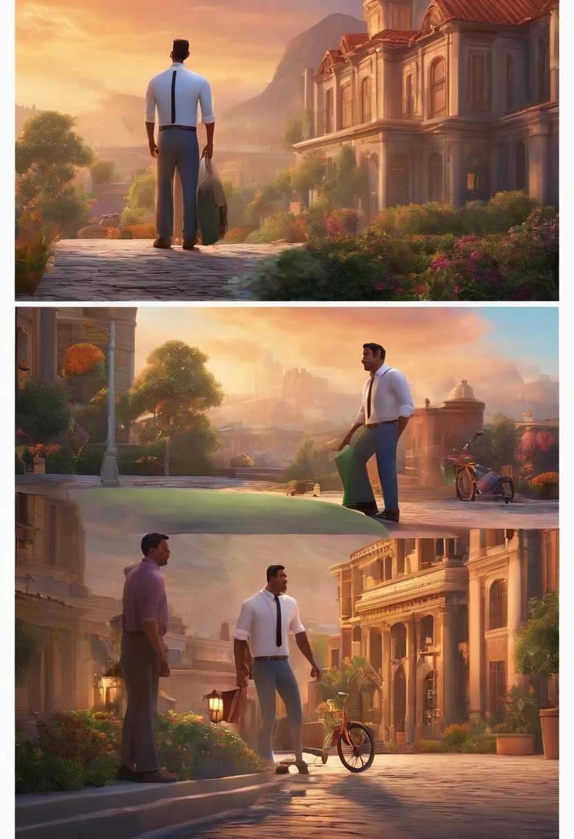 A city councilman looking at a dream project inspired by Pixar animation, de perto. The character takes center stage with captivating facial expressions, oferecendo um toque de irrealidade